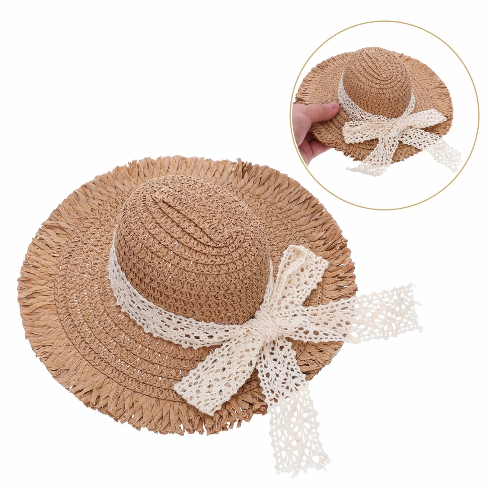 Cappello di Paglia Intrecciata per Bambola con Cinturino in Pizzo