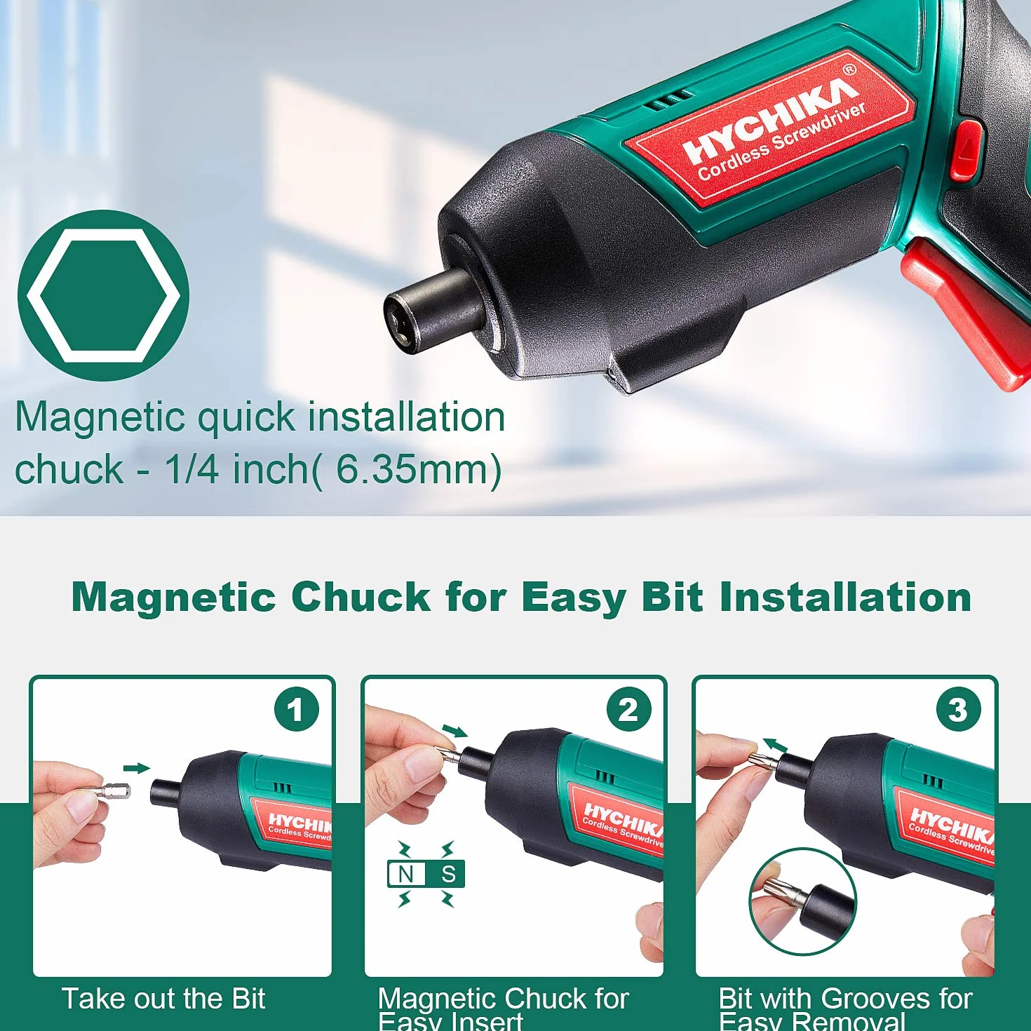 HYCHIKA Avvitatore Elettrico 6N.m, Cacciavite Elettrico (Par max 6 N.m, 3.6 V, 2.0 Ah) Luce a LED come Chiave a Cricchetto, Cavo di Ricarica USB, 20 PCS Accessori, per DIY, Assemblaggio Mobili