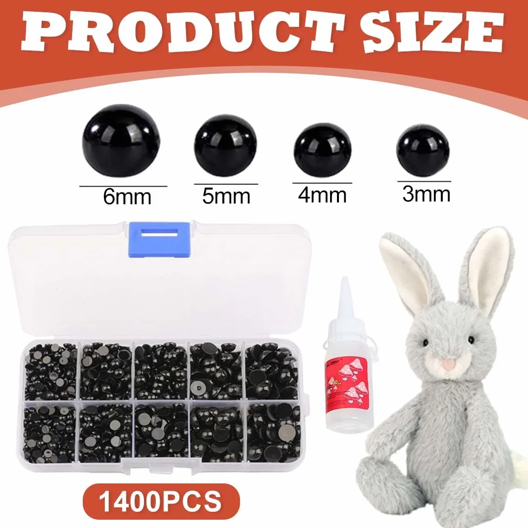 UIEXAY1400 Pezzi Occhi per Amigurumi Occhi a Fondo Piatto Adesivo Incollaggio Occhi a Bottone di Plastica per Bambole Peluche e Artigianato di Orsacchiotti 30ml Colla (Nero)