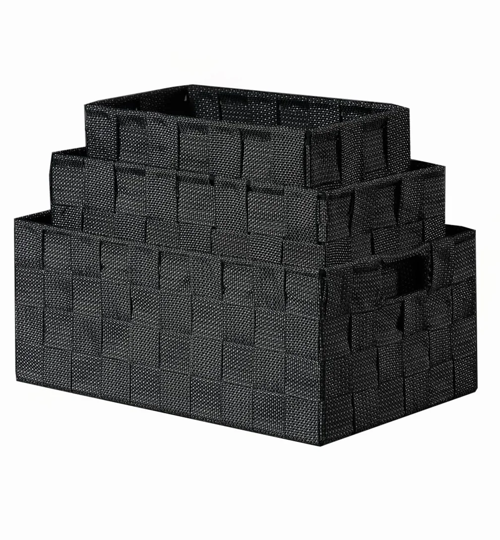 BM Cestino Portaoggetti Bagno Effetto Rattan Set di 3 Cestini Intrecciati Rettangolari Organizer (Nero)