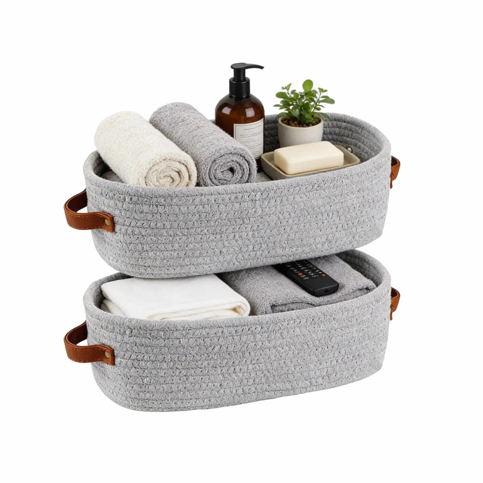 2 Pezzi Organizer Bagno Portaoggetti, Cestos Porta Oggetti in Corda Cotone, 35 x 15 x 10 cm Organizzatore Bagno, Multifunzione Cestino Portaoggetti Grigio, per Bagnos, Camera Letto, Soggiorno