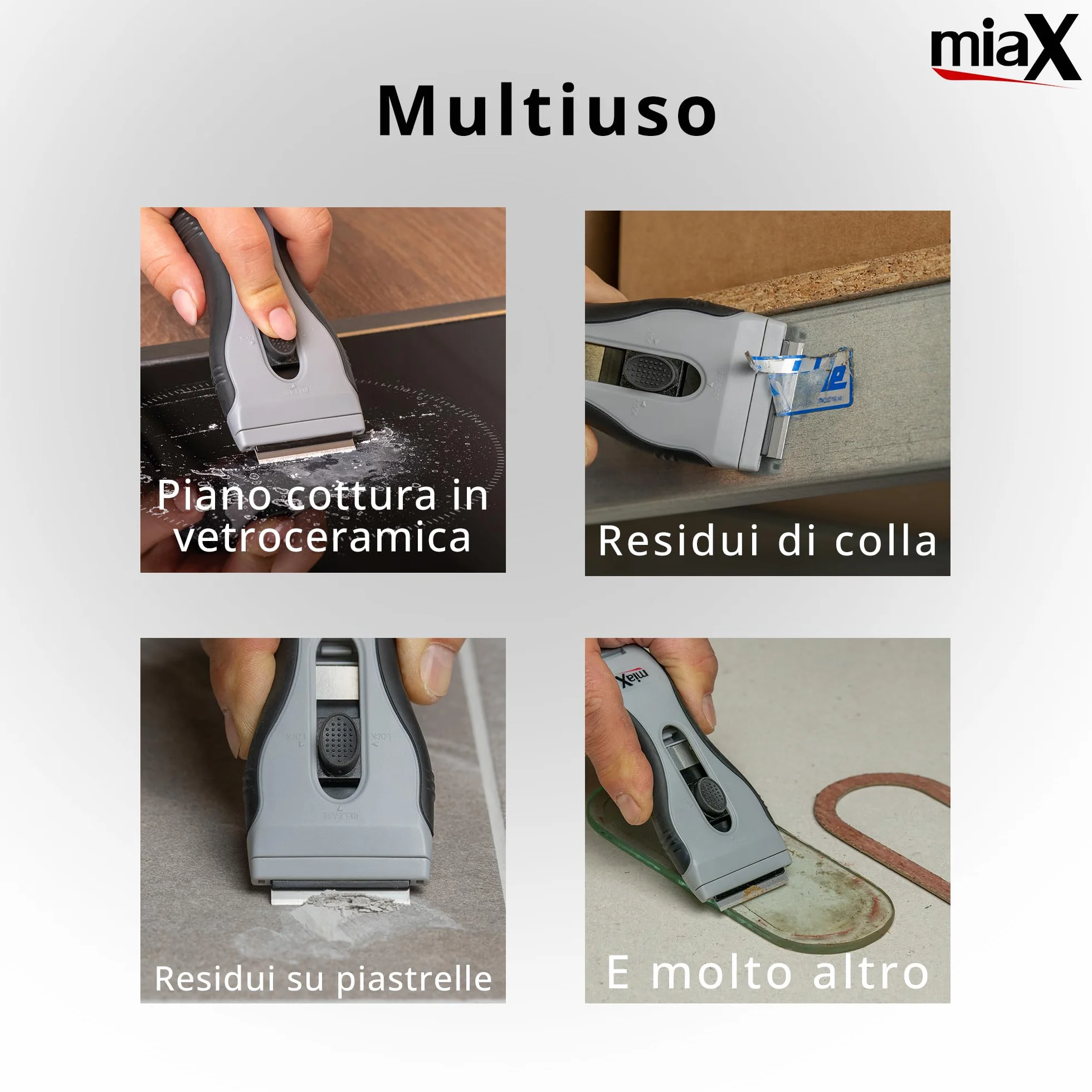 miaX Premium Spatola Multiuso 2.0 – Raschietto rimuovi silicone, con 8 lame di ricambio integrate – per piano induzione, vetro, adesivi, vernici