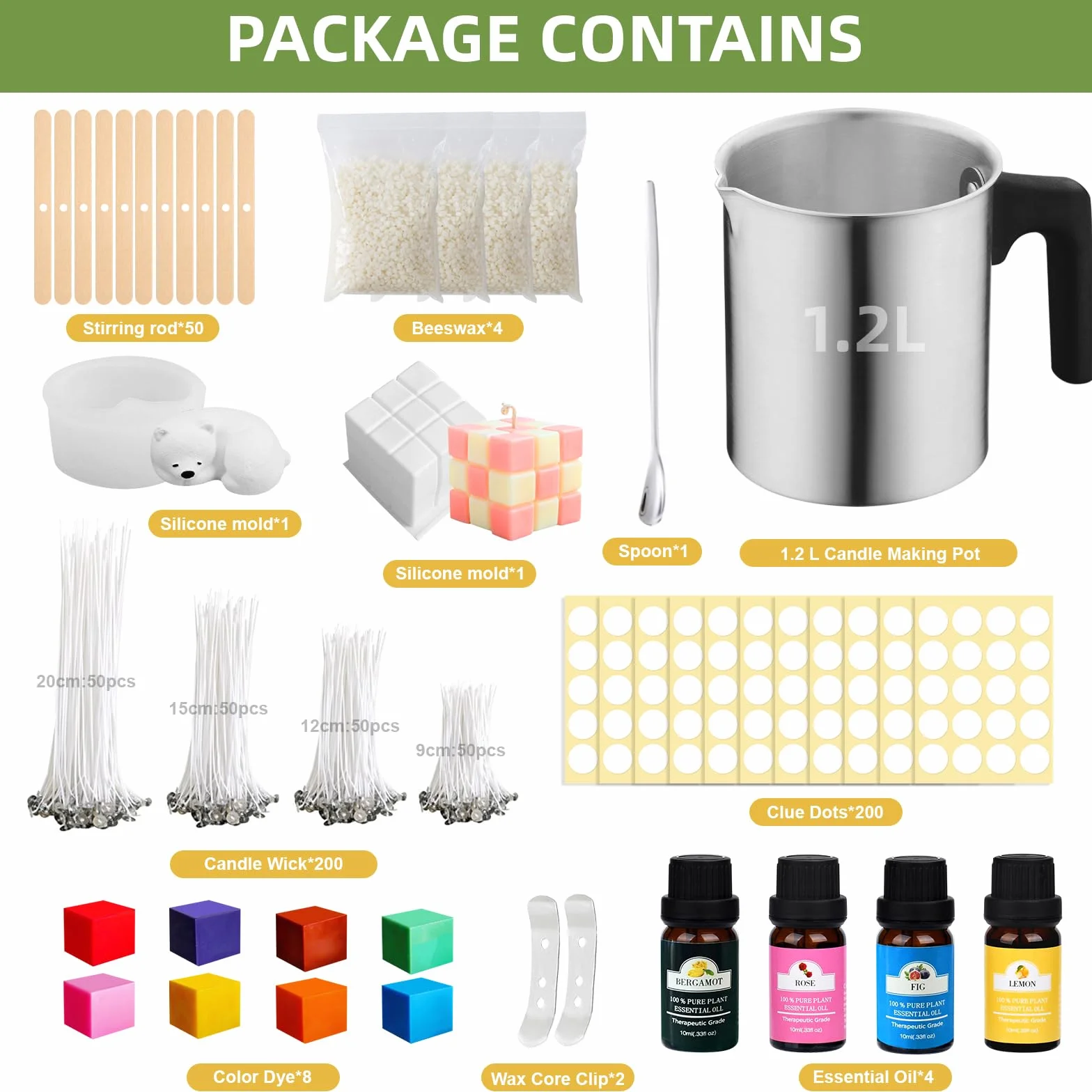 SAMISO Set di candele fai da te, kit per la produzione di candele, 8 colori delle candele, vaso da 1,2 l e stoppino per candele, 4 lunghezze
