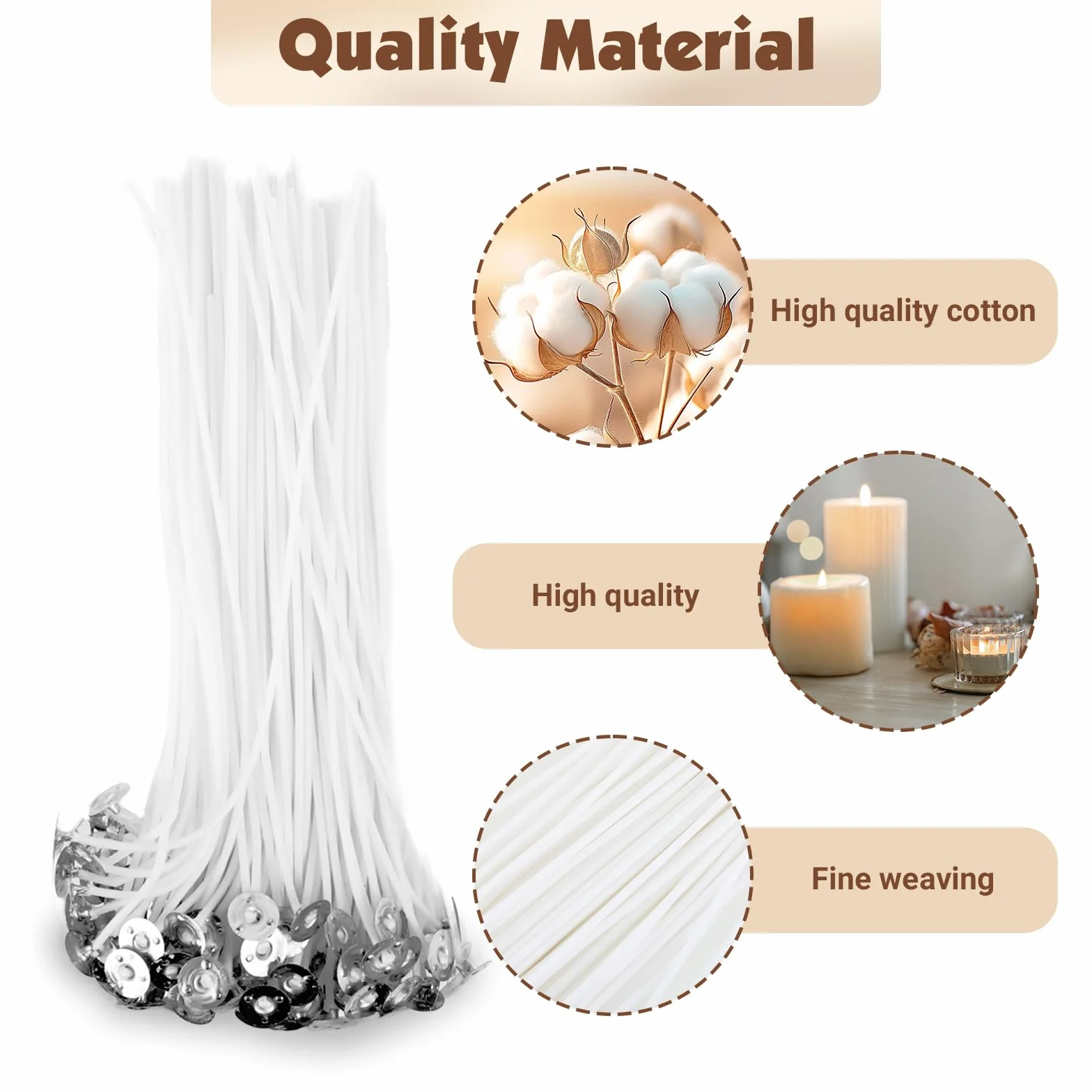 300 Pezzi Stoppini per Candeles,10/15/20cm Stoppini di Naturali Candela con 100 Pezzi Adesivi Stoppino,Stoppini in Cotone per Candele,per Candele fai da te,Creare Candele Profumate