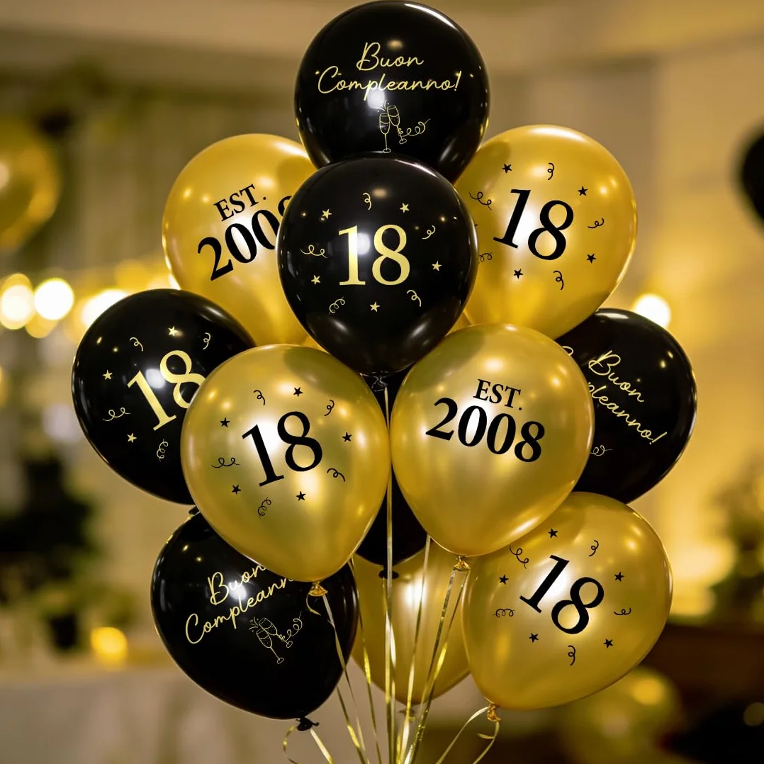 Decorazione per 18° Compleanno Nero Oro, Palloncini 18 Anni, 2008 Buon Compleanno Ragazzi Ragazze