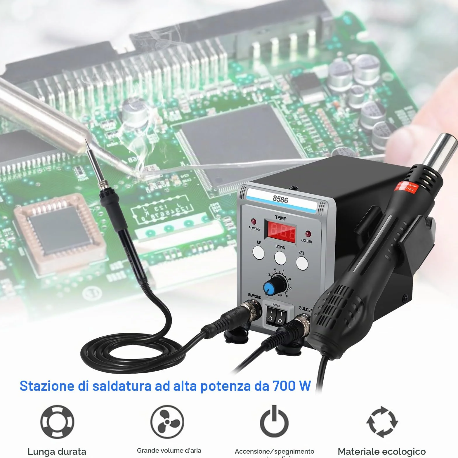 Stazione di saldatura ad aria calda, 700 W, 8586, set di saldatori Rework Station con 3 ugelli dell'aria – 5 mm, 8 mm, 10 mm, indicatore digitale della temperatura regolabile 100 ~ 500 °C