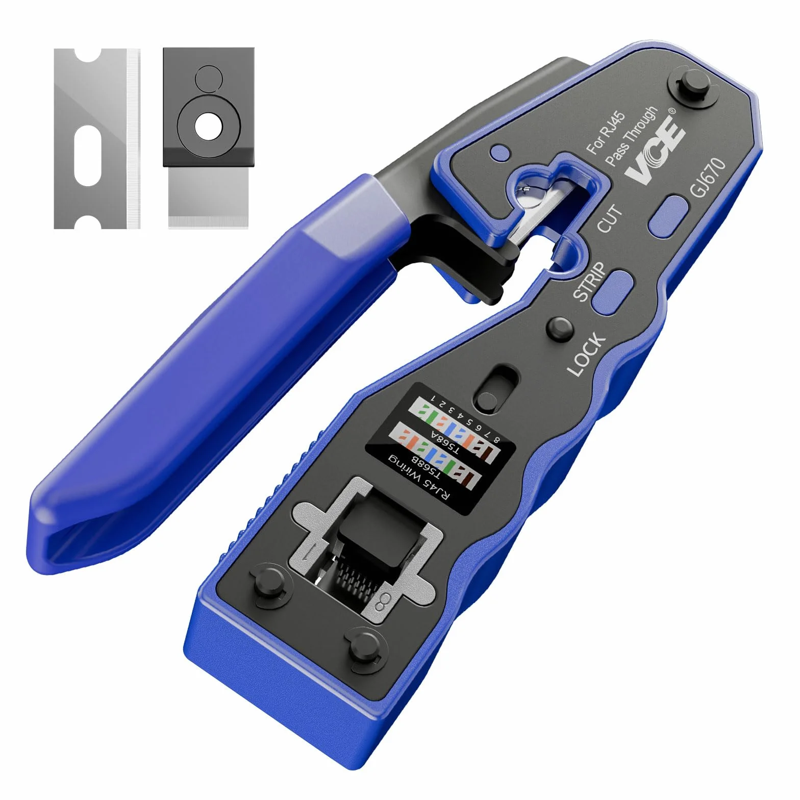 VCE Pinza Crimpatrice RJ45 Passante, Multifunzione 3-in-1 (Taglio, Spelatura, Crimpatura), Compatta, per Connettori Ethernet 8P, Blu