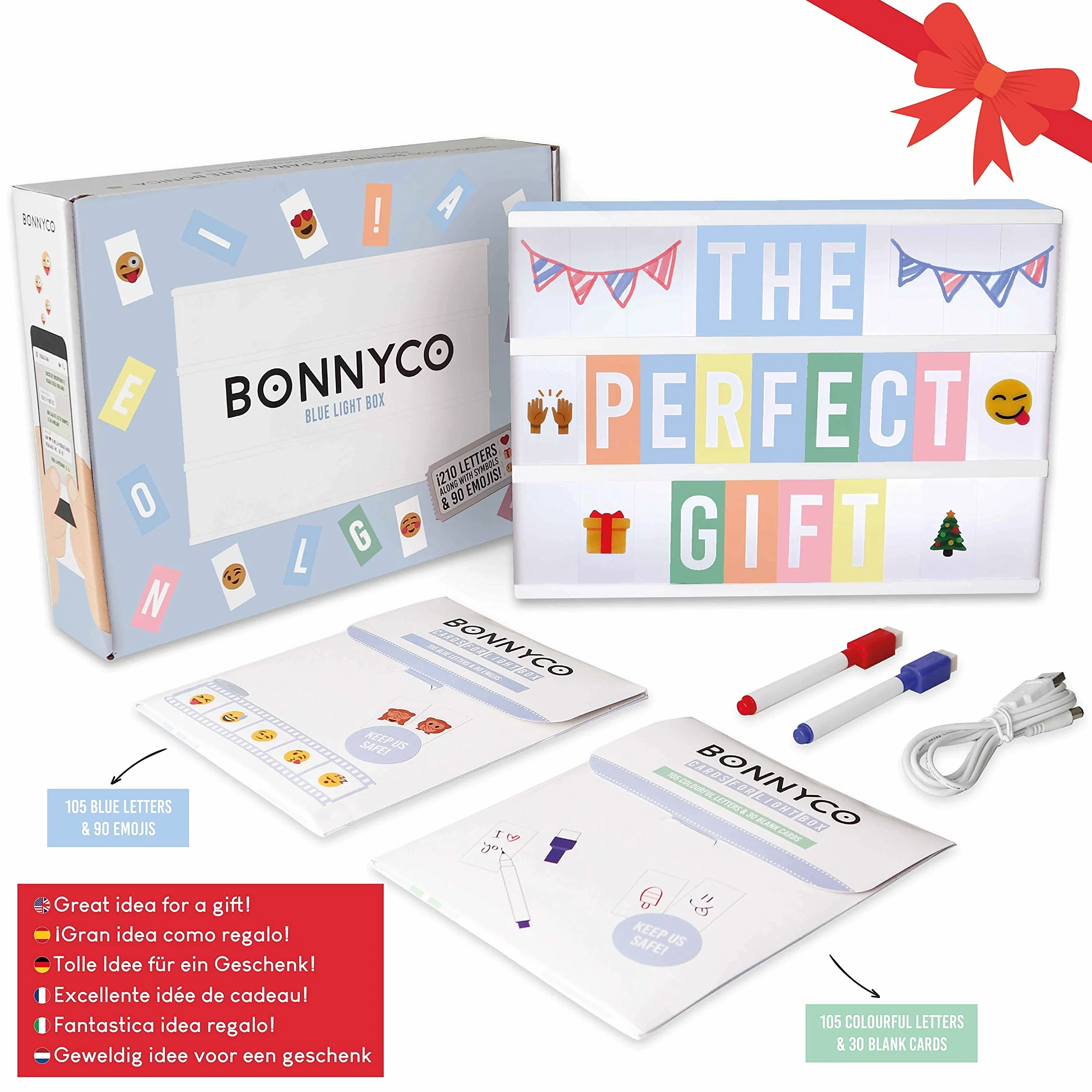 BONNYCO Light Box Blu con 400 Lettere ed Emoji, 2 Pennarelli. Lavagna Luminosa con Lettere, Idee Regalo Bambini per Compleanno e Natale. Scritte Luminose per Decorazioni Camera Ragazzo e Bambino