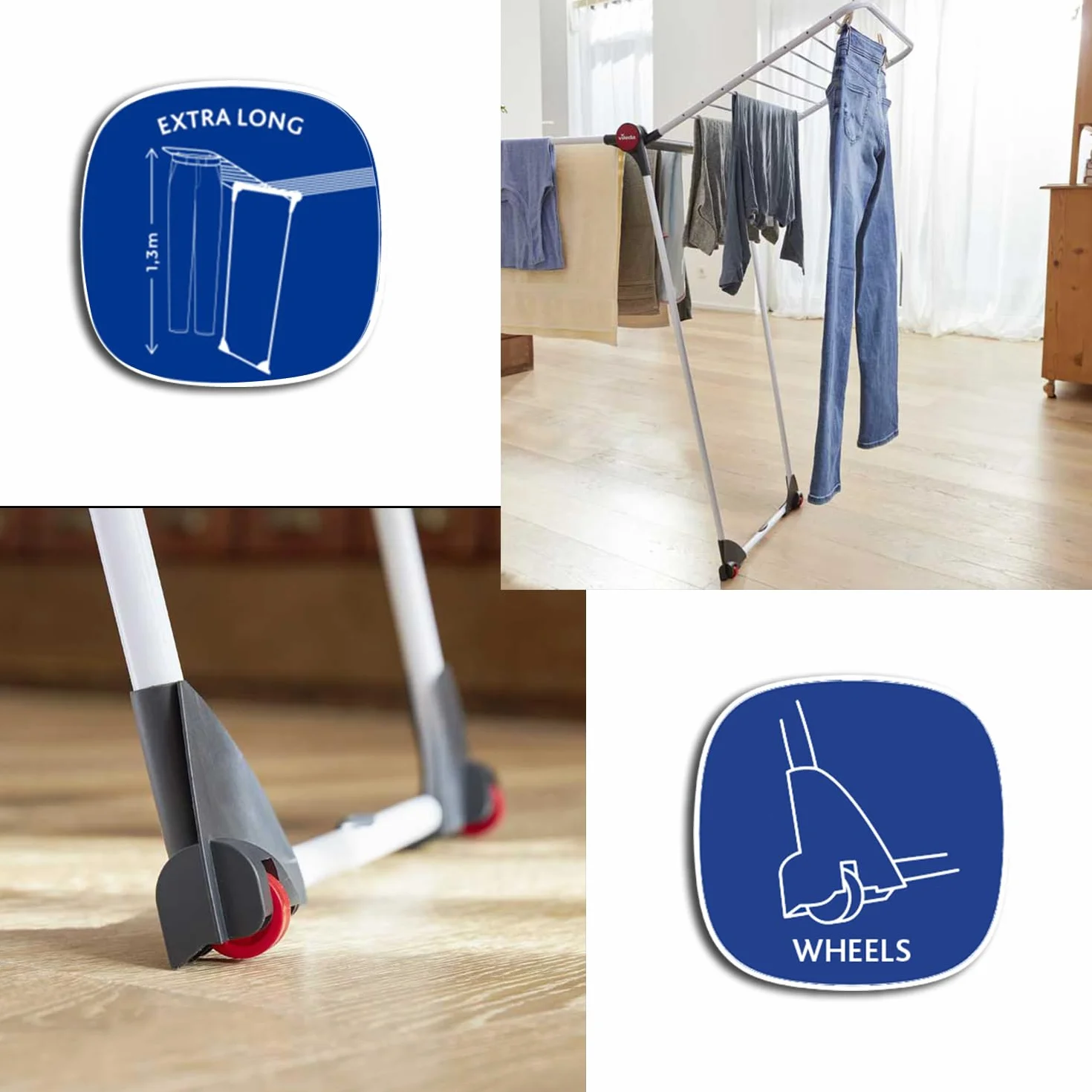 Vileda Infinity Flex XXL Stendibiancheria, Aste telescopiche Estendibili, Stendibiancheria Già Montato, Bianco