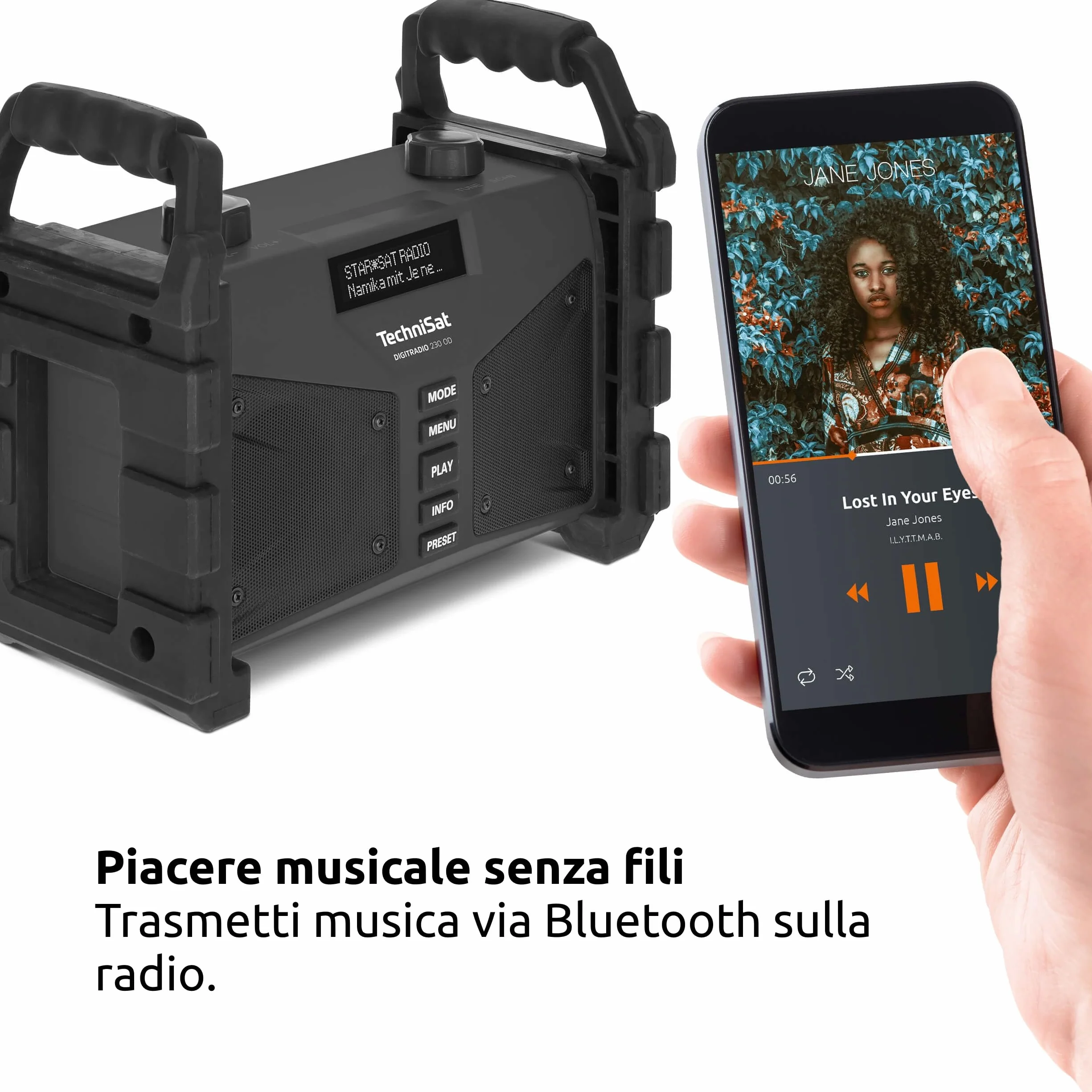 TechniSat DIGITRADIO 230 OD - Radio da cantiere DAB+ (DAB+, DAB, FM, USB, AUX in, Bluetooth, potente batteria ricaricabile, memoria preferiti, 2 altoparlanti stereo da 6 watt) nero