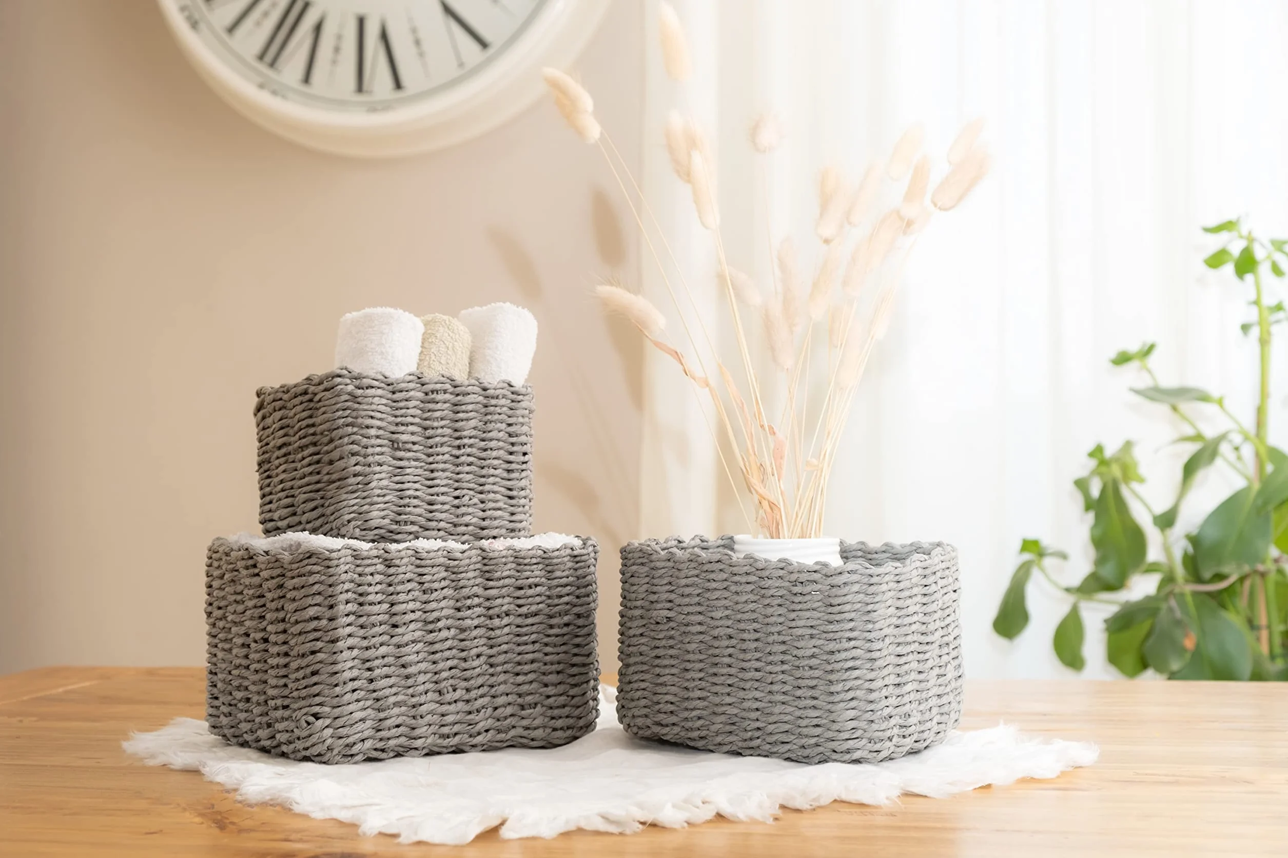 Set da 3 Cestini Portaoggetti, Porta Oggetti per il Bagno Salvaspazio, Cestino Organizer in Carta EcoFriendly, Cestini Intrecciati e Impilabili 22x14x13 cm Grigio I