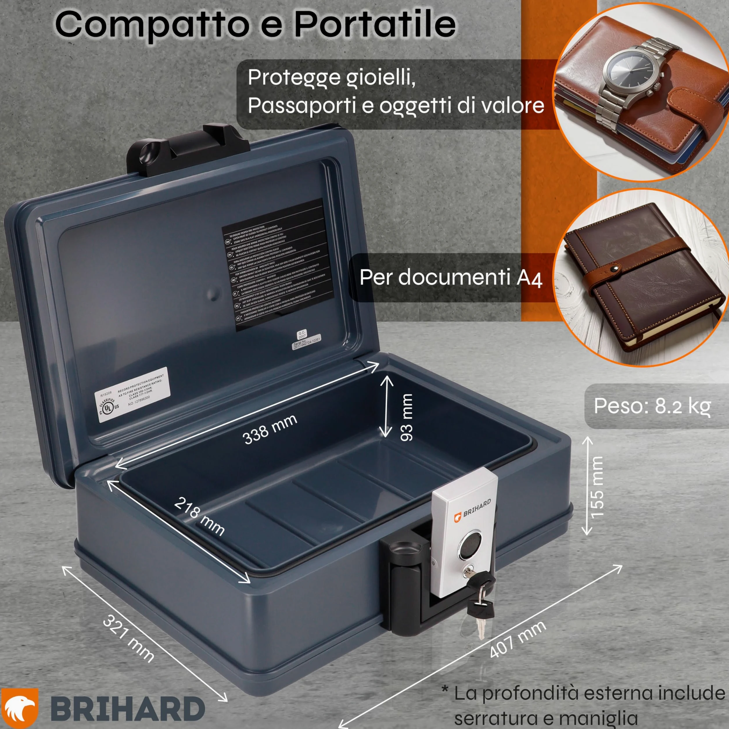 Cassaforte Portatile Certificata 2017, A4 - Scatola di Sicurezza Impermeabile e Ignifuga con Serratura a Chiave, Protezione di Valori e Documenti, H 15,5 x L 40,7 x P 32,1 cm