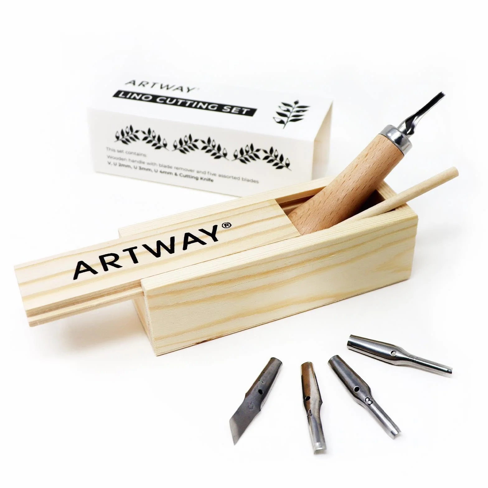 Artway Utensili da taglio Lino, 5 punte assortite, manico ergonomico, scatola di legno
