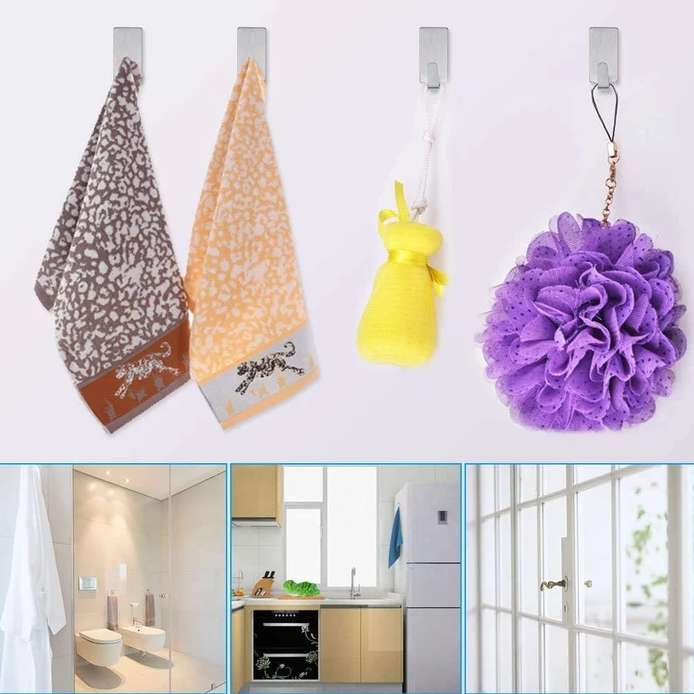 Ganci Adesivi da Parete in Acciaio Inossidabile, Appendini per Cucina Bagno Senza Perforazione, 12 Pezzi