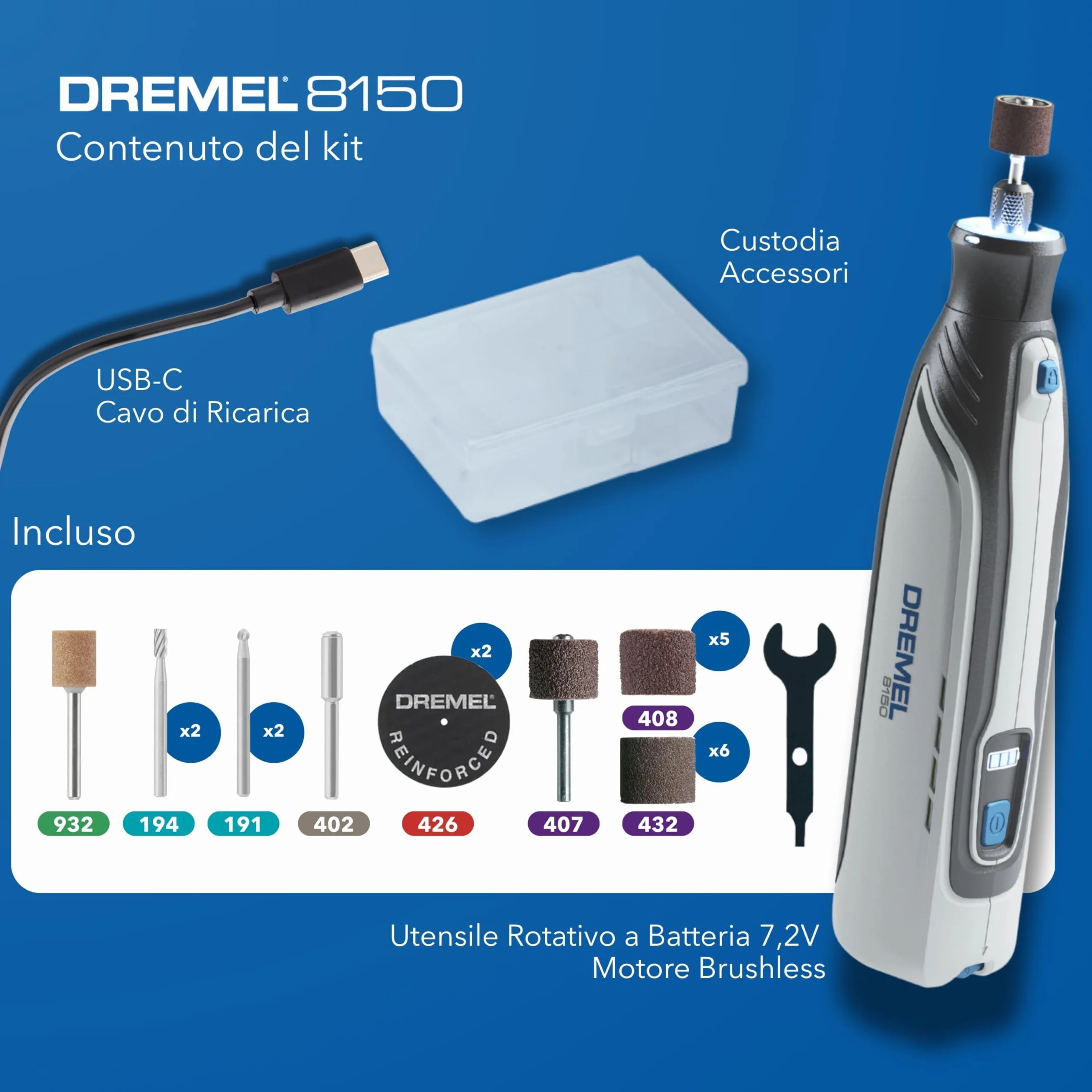 Dremel 8150 Kit utensile rotativo brushless a batteria 7,2 V 2Ah USB-C, 20 accessori, velocità variabile 5.000-30.000 giri/min