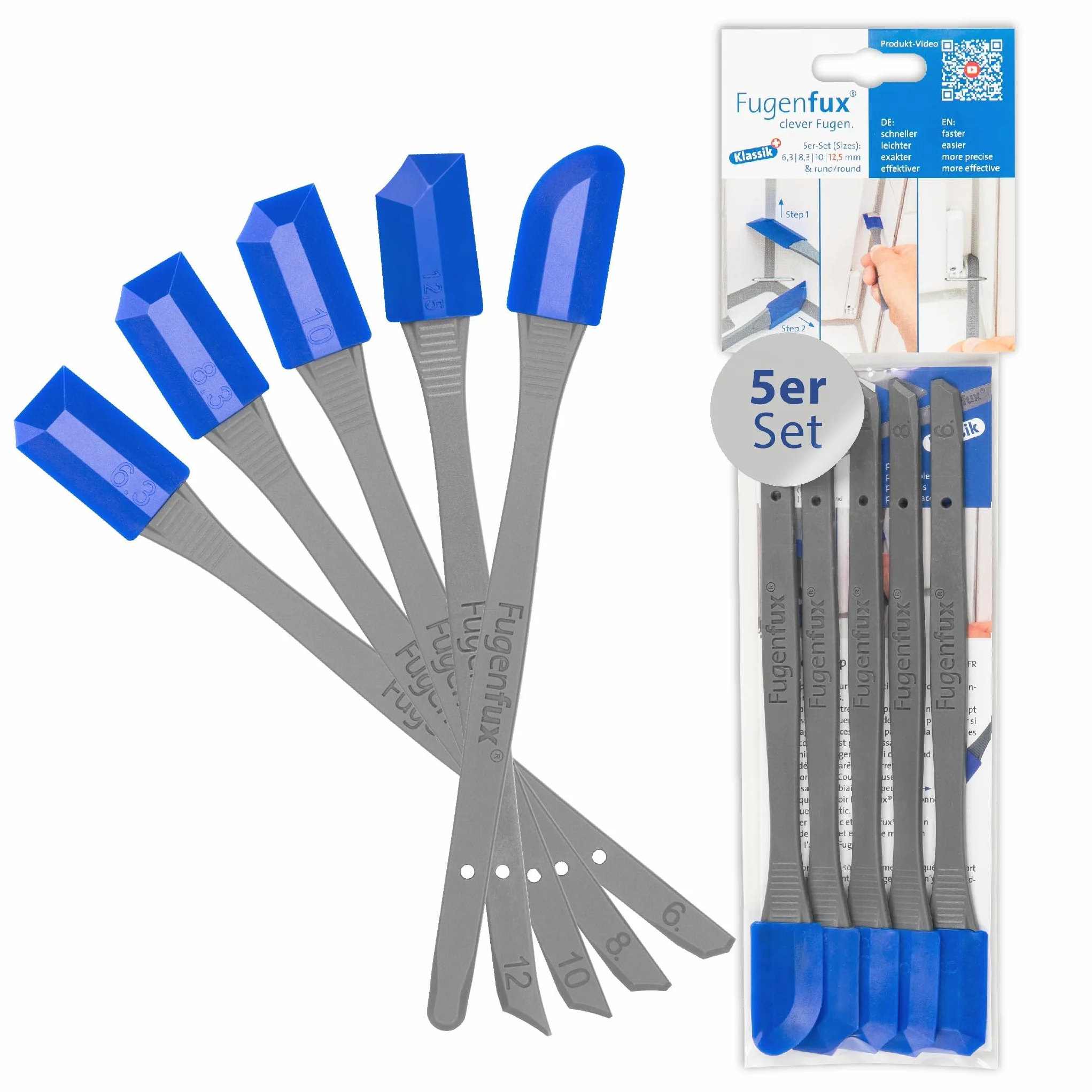 FUGENFUX® - Set di 5 raschietti per fughe con rivoluzionaria punta magica per punti estremamente stretti, 5 testine speciali ottimizzate, Made in Germany, per tutti i sigillanti