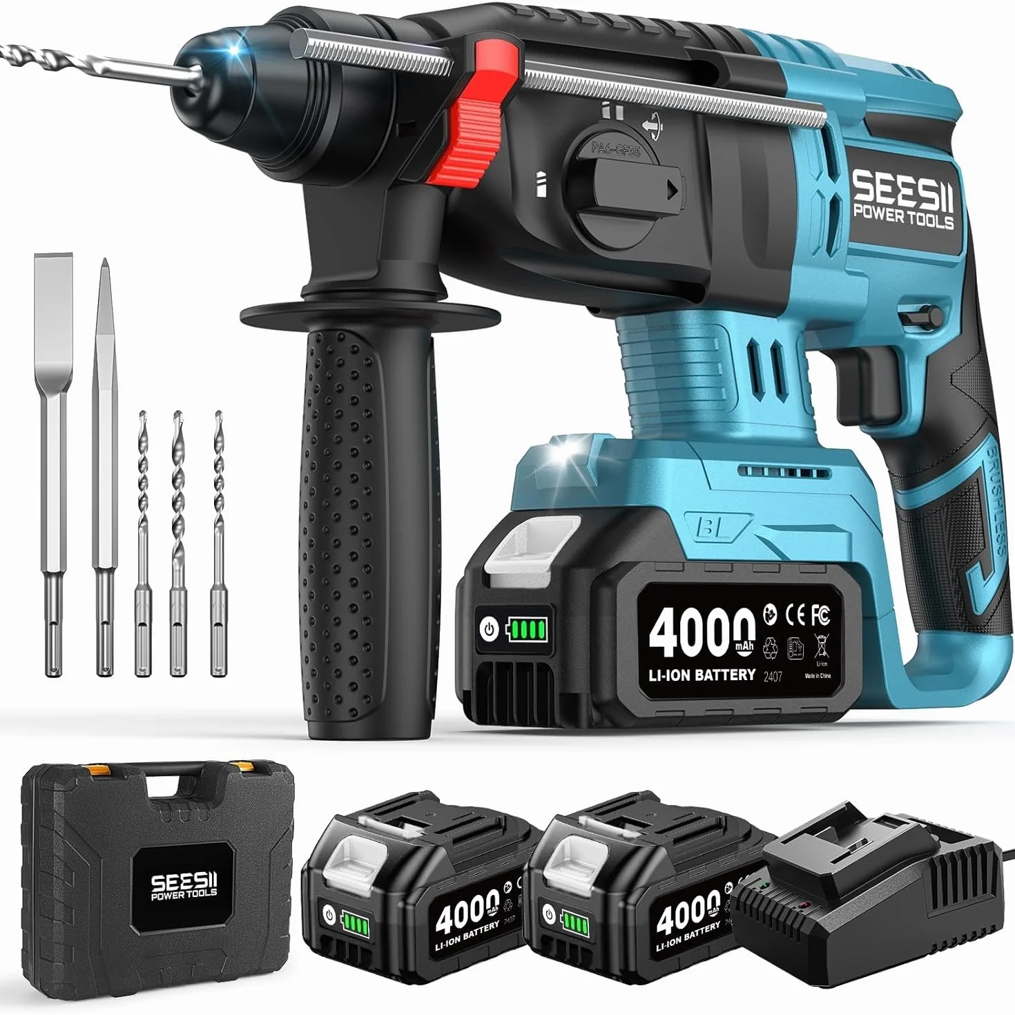 SEESII Tassellatore a Batteria: 600W, Energia d’Impatto 2.5J, con 2 Batterie e Caricatore, Trapano a Percussione Batteria, Martello Perforatore Ideale per Fai-da-te e Lavori Edili