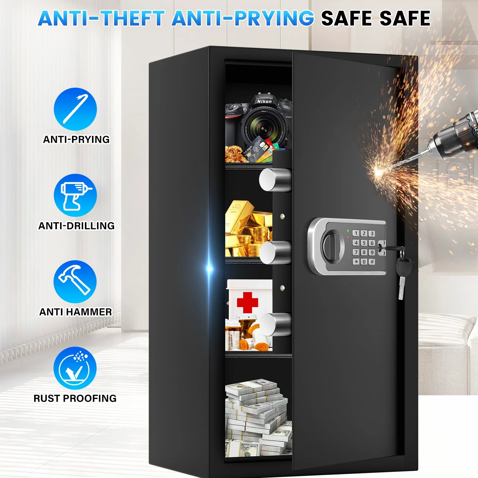 Cassaforte in acciaio da 60 cm, cassaforte per la casa da 6,0 Cuft con borsa impermeabile ignifuga, cassaforte digitale di sicurezza con tasti programmabili della tastiera, allarme intelligente