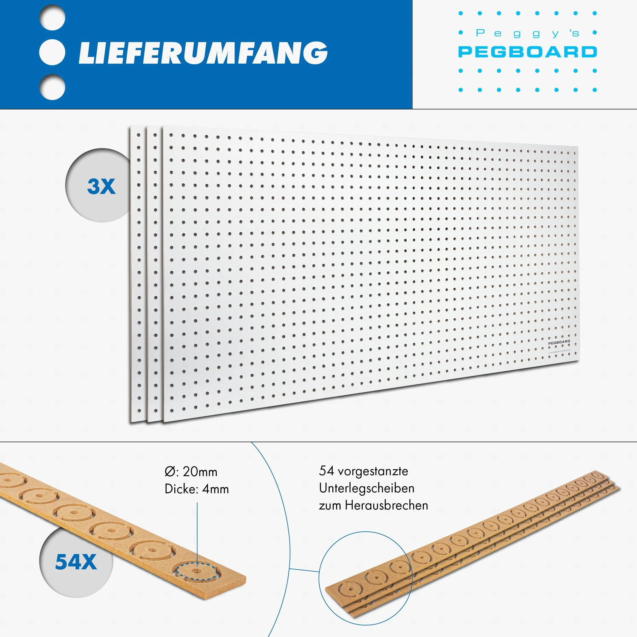 Pannello/parete portautensili in legno, da 120 x 60 x 0,5 cm, con fori da 7 mm di diametro, in MDF, bianco laccato (3)