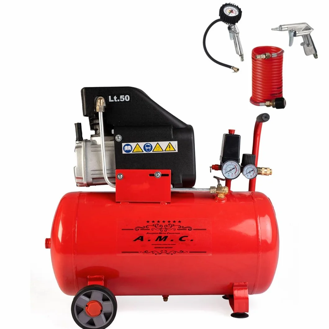 AMC Compressore ad aria da 50 litri pressione 8 bar elettrico coassiale 2 Hp incluso Kit Accessori salva spazio motore potente termicamente silenziato protetto con Carcassa esterna in alluminio