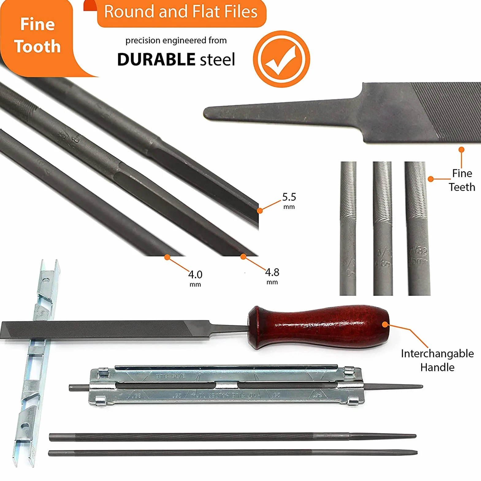 Kit di Lime per Affilare le Motoseghe, 10x Lima Universale per Catene, Strumenti Abrasivi, Con Lima Rotonda 5/32“ 3/16” 7/32” + Piatta + Impugnatura + Calibro di Controllo, per Tutte Le Motoseghe