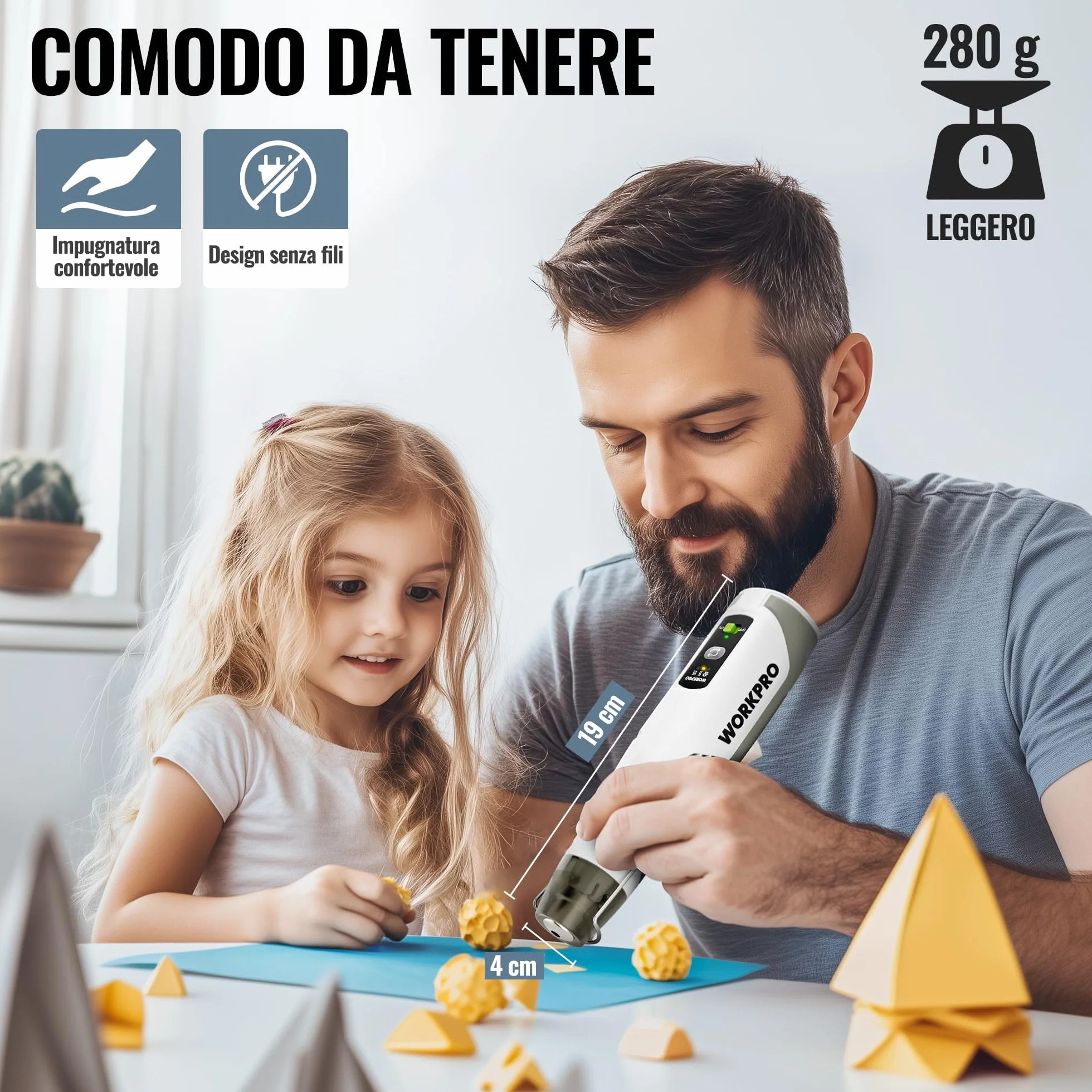 WORKPRO Pistola ad aria calda mini 8V con batteria 4000 mAh, 300℃/450℃, riscaldamento rapido in 30 s, con ugello riflettente e 50 guaine termorestringenti per fai-da-te, riparazioni e lavori creativi