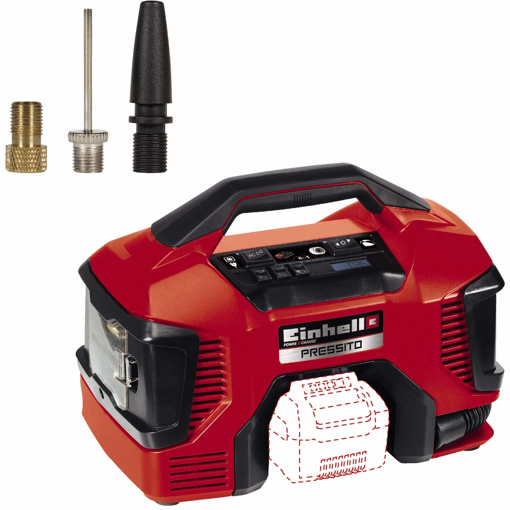 Einhell Compressore ibrido Power X-Change Pressito (Li-Ion, 18V, funzione ibrida: con cavo corrente o batterie; pompa ad alta e bassa pressione, incl. set 3 adattatori; senza batteria e caricatore)