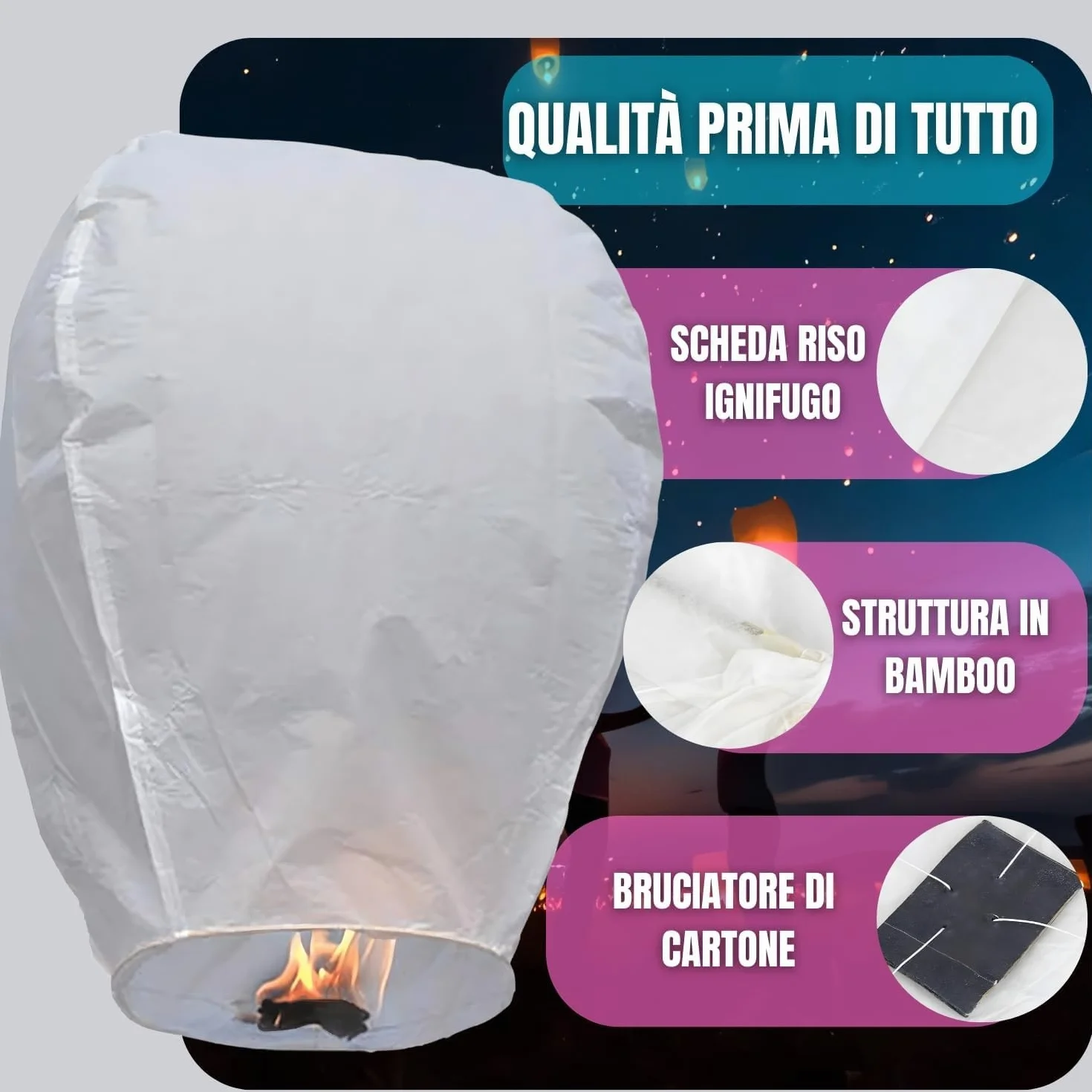 Lanterne Cinesi Volanti Giganti 90x60cm, 100% Biodegradabili Carta di Riso, Sky Lanterns Bianche - 10 Pezzi