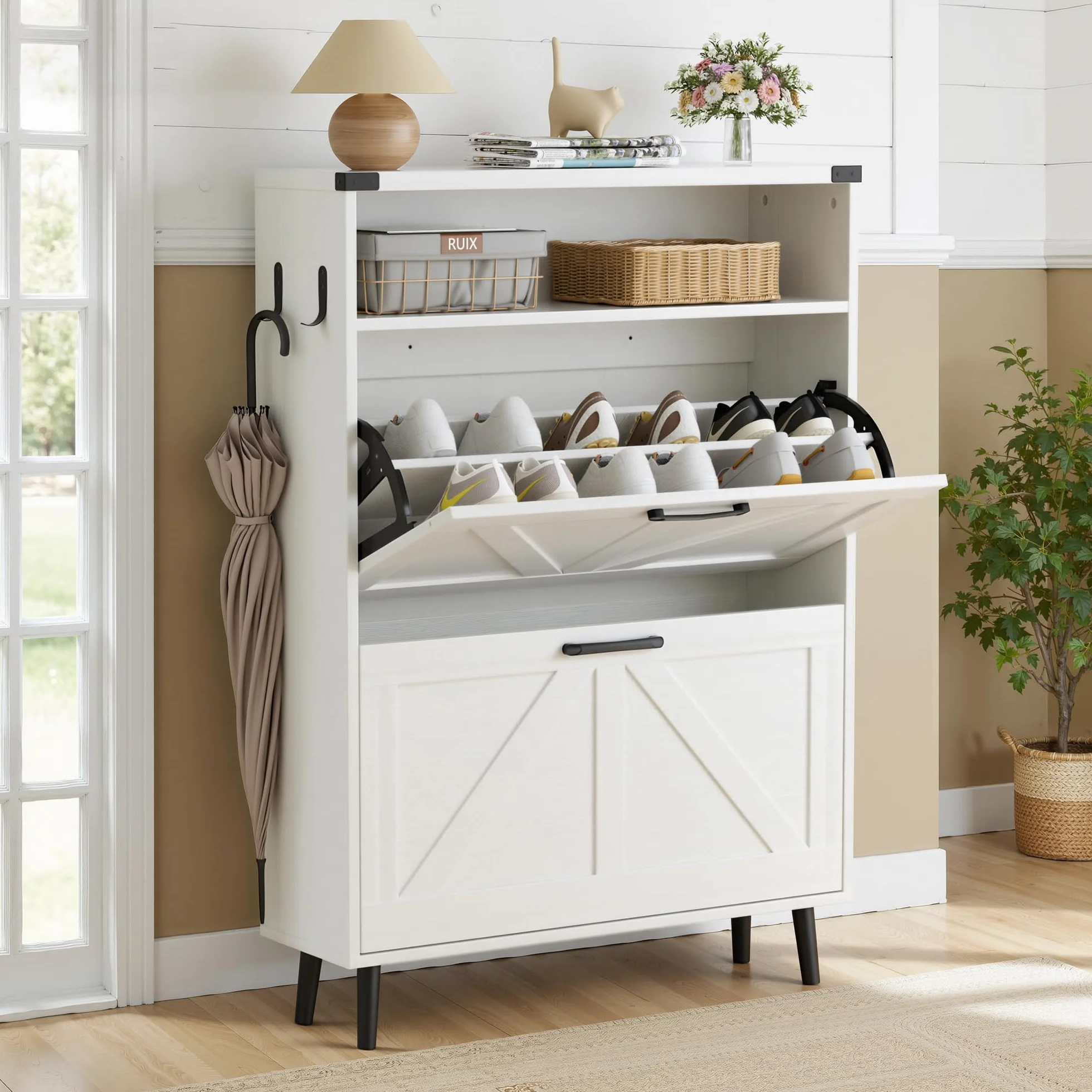 BonVache Scarpiera stretta, scarpiera con 2 ante, scarpiera ribaltabile con 4 ripiani, mobile per scarpe con spazio aperto, portascarpe in legno, 80x24x113,5 cm, bianco