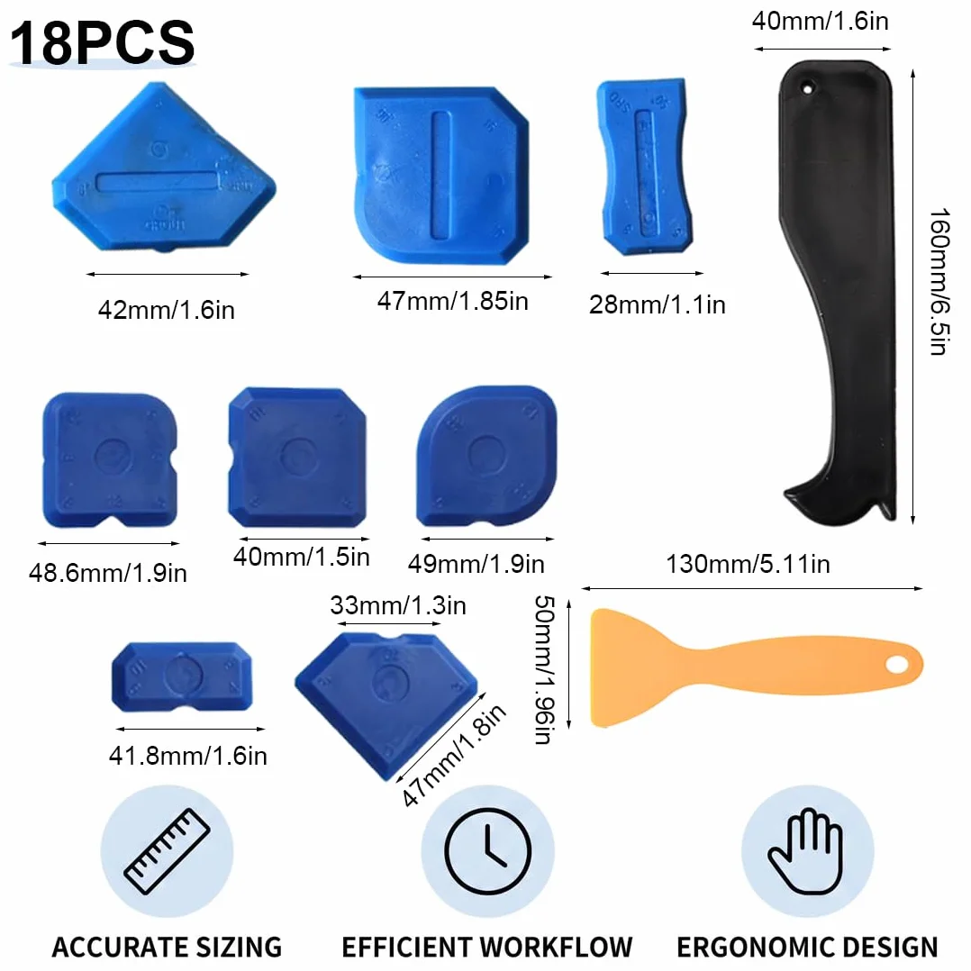 Set 18 Utensili per Sigillatura Piastrelle, 4 Sferette + 14 Spatole, Attrezzi per Piastrelle, per Finitura Fughe, Silicone e Installazione Vetro