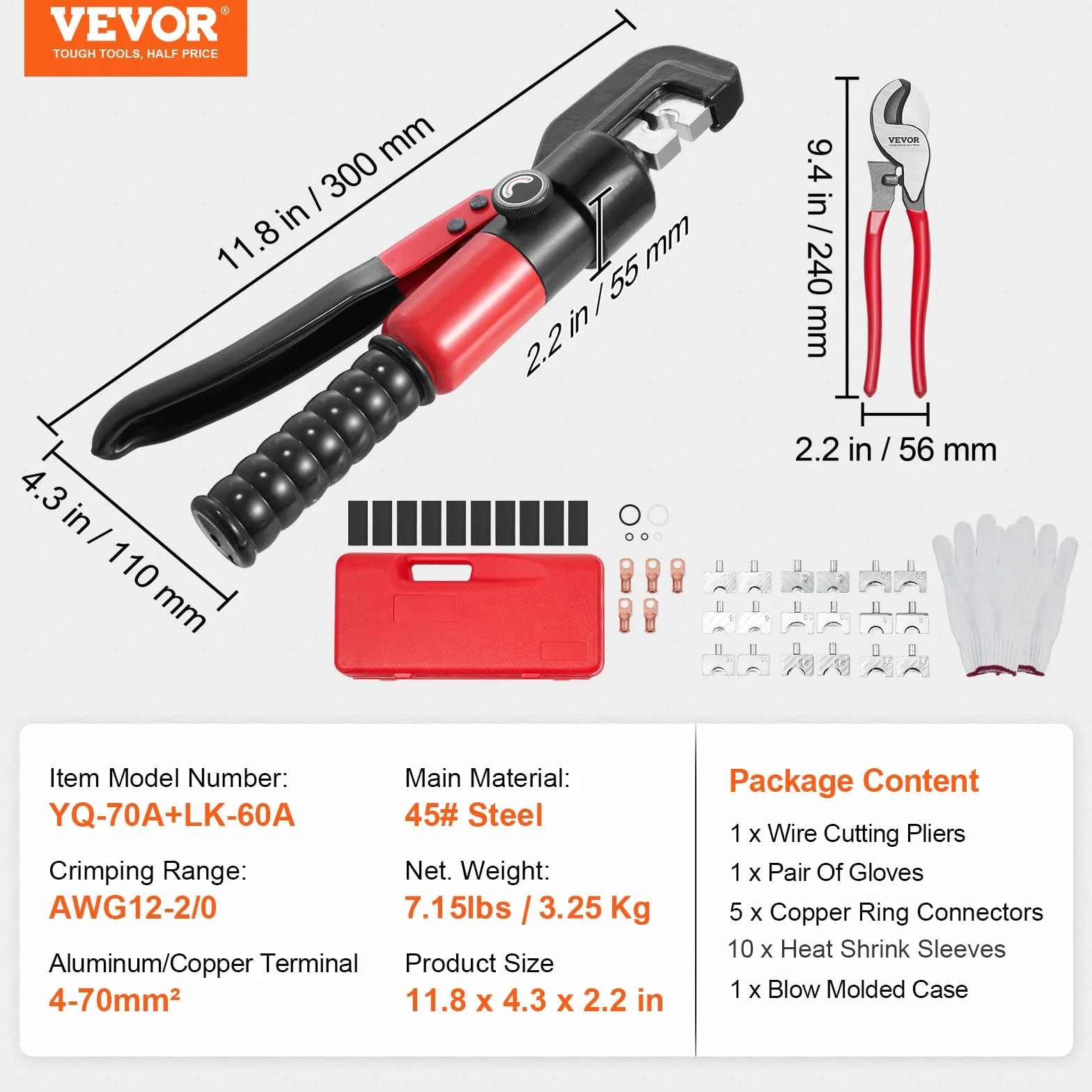 VEVOR Pinza Crimpatrice Idraulica 4-70 mm² Pinza a Crimpare Idraulica Capicorda per Terminali in Alluminio Rame AWG12-2/0 Accessori Inclusi in Valigetta Portatile, Set di Pinza di Crimpaggio per Cavi
