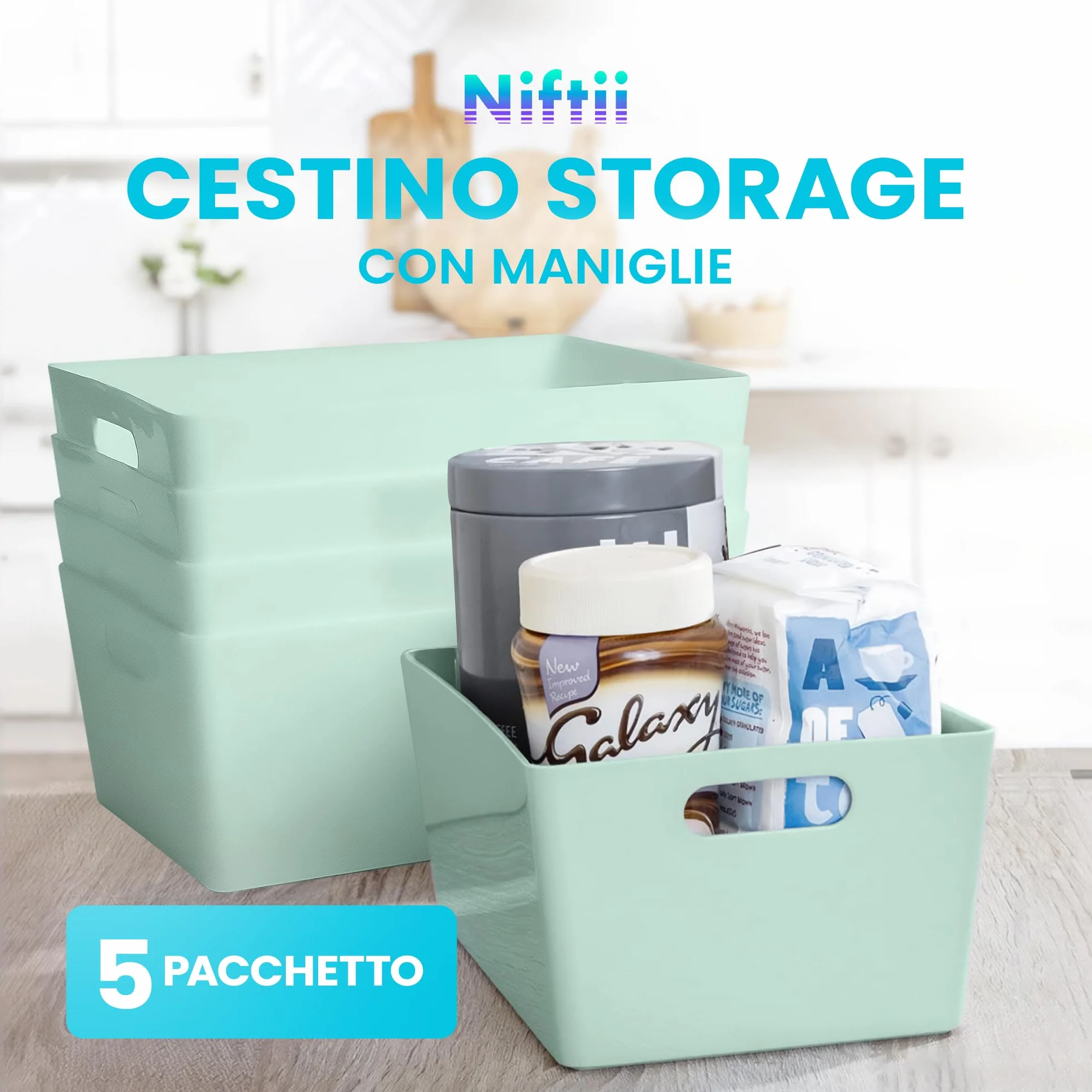 NIFTII 5 Pezzi Cestini Portaoggetti in Plastica con Manici 3,9 L Salvia Organizer per Armadio