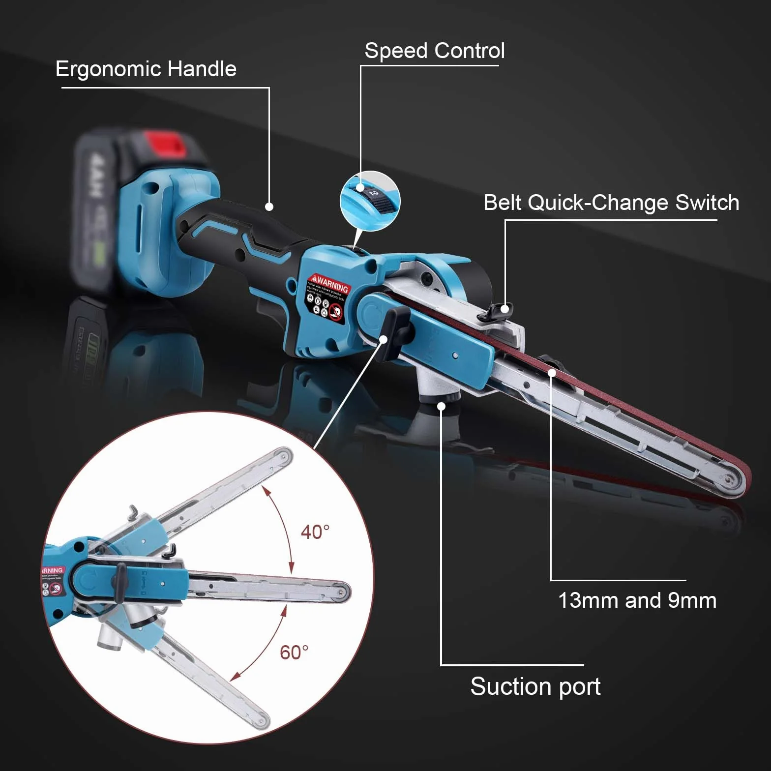 Levigatrice a nastro senza fili compatibile con batteria Makita 18V, levigatrice per dettagli senza spazzole con 6 velocità, bracci abrasivi da 3/8" e 1/2" e 16 nastri abrasivi (40/60/80/120#) per