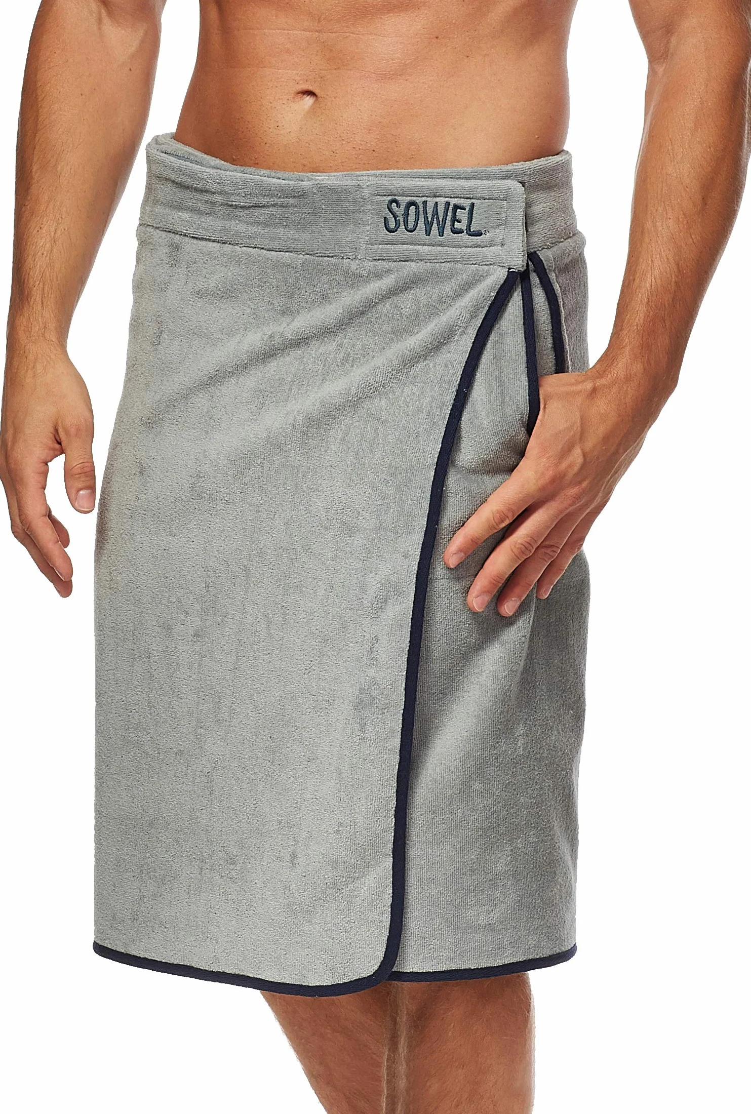 Sowel® Kilt per Sauna da Uomo, Asciugamano da Sauna con Chiusura, Telo da Sauna in 100% Cotone, 140 x 60 cm, Grigio/Marina