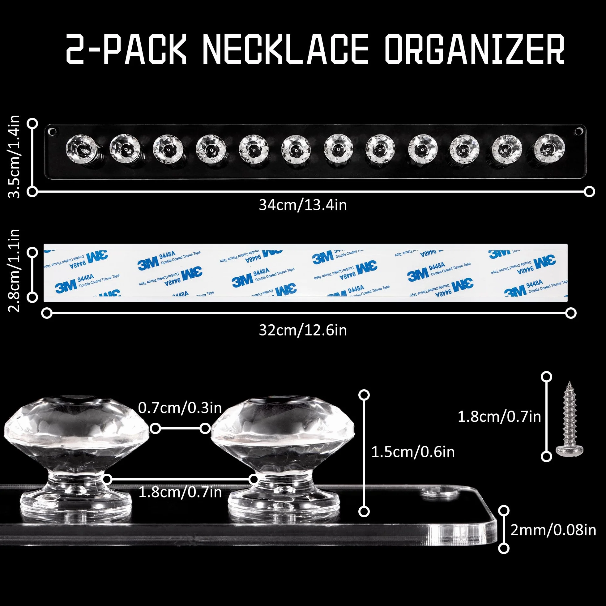 Ganci per collana in Acrilico da Parete 12 Ganci a Forma di Diamante Confezione da 2 Trasparente