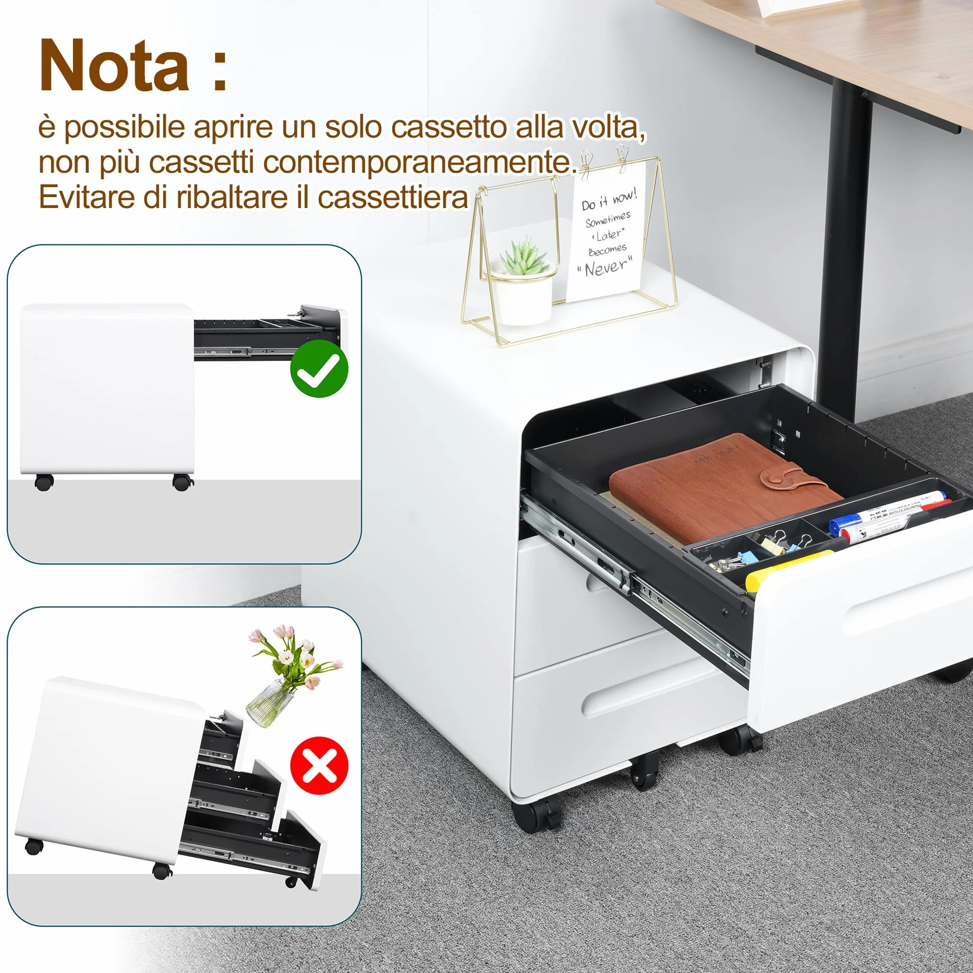 Cassettiera Scrivania Mobile in Acciaio con Serratura 3 Cassetti 46x40x50 cm Bianco