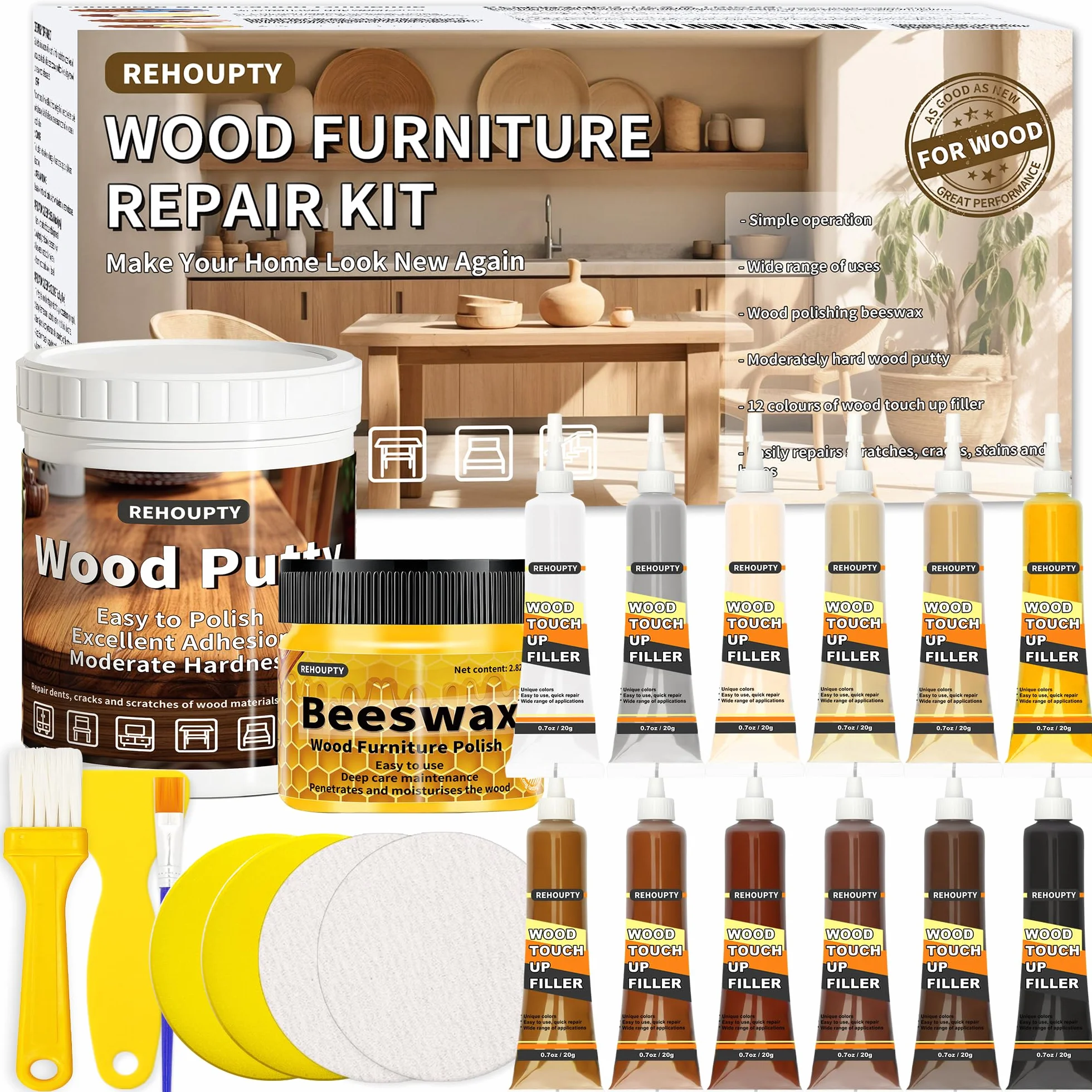 Kit Per La Riparazione dei Mobili, Tutto-In-Uno Kit Riparazion Legno Include Stucco per Legno & 12 Colori Stucco per Ritocco e Cera d'Api, Kit Riparazione Mobili in Legno di Graffi, Crepe, Macchie