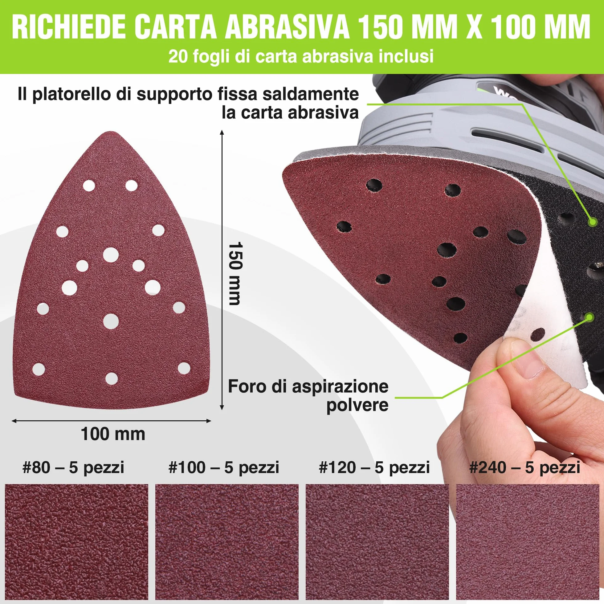 WORKPRO Levigatrice Delta 130W 13.000 giri/min con aspirazione polvere 20 fogli abrasivi