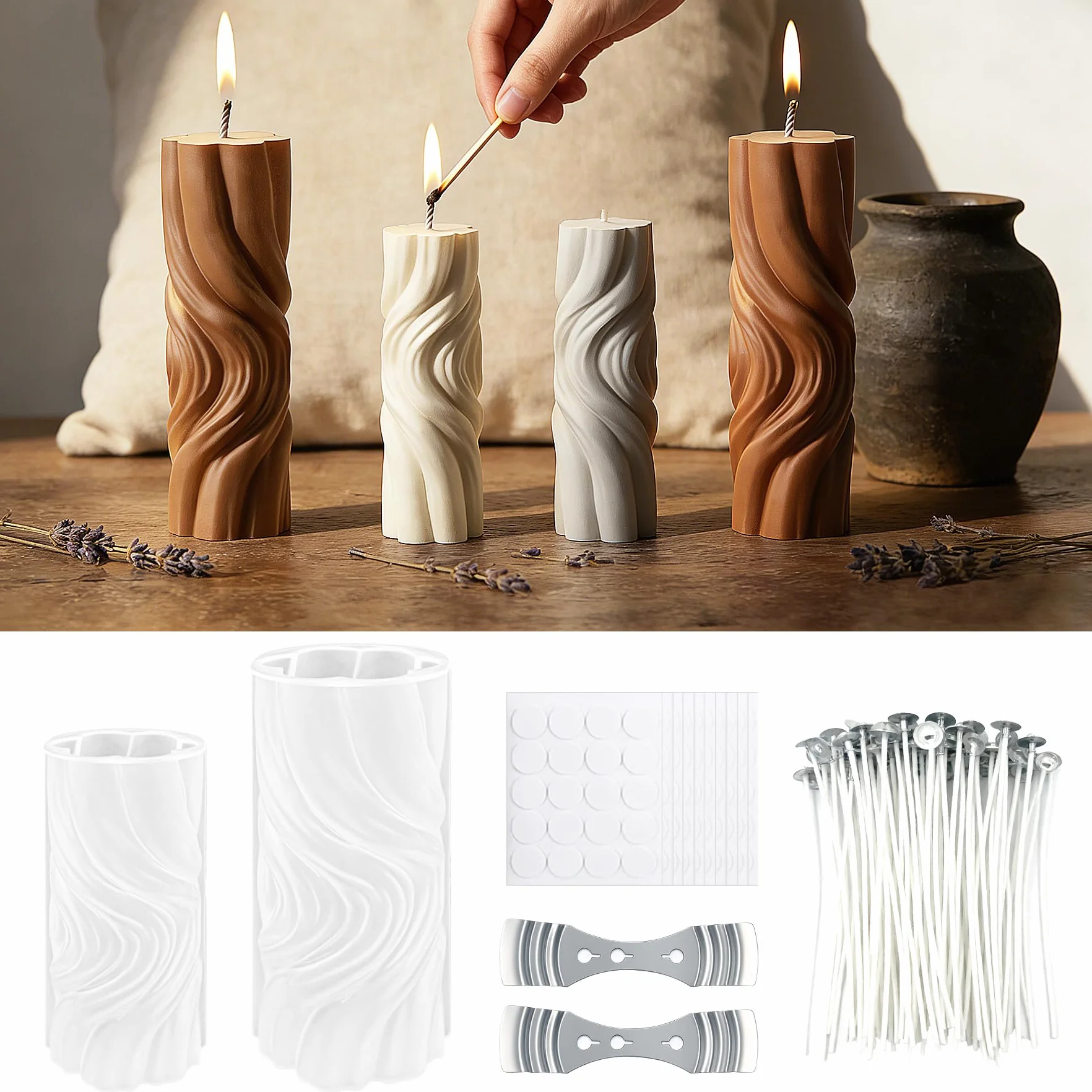 TZEKING Set di 214 stampi per candele, 2stampi per candele in silicone + 200 stoppini di cera+2 supporti+10 adesivi, stampi per candele in silicone 3D fai da te