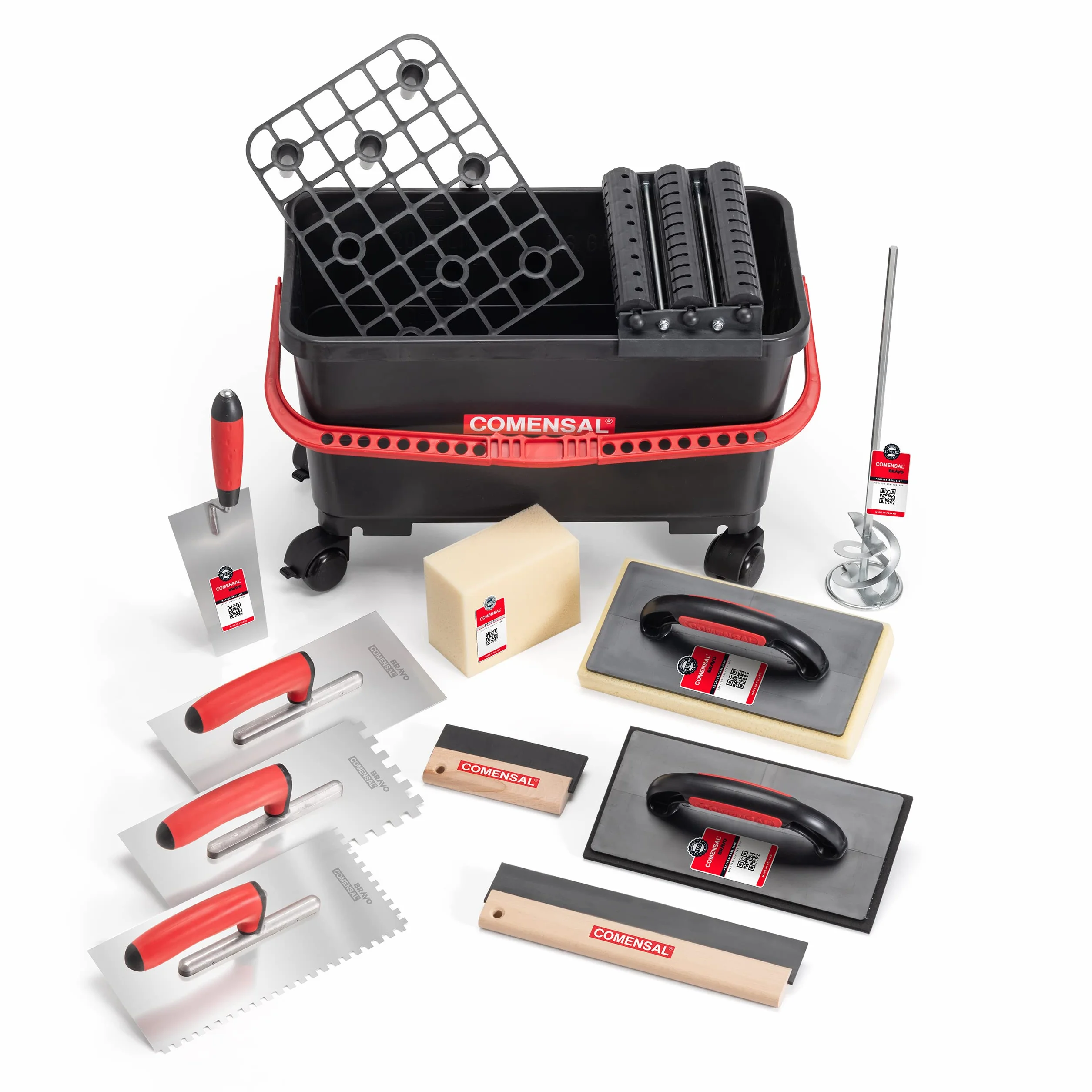 COMENSAL® Kit per lavaggio piastrelle - Set lavaggio piastrelle dopo la stuccatura - Secchio per piastrelle - Spatola di gomma - Kit con Secchio e Accessori - Frattazzo acciaio inox - Made in EU
