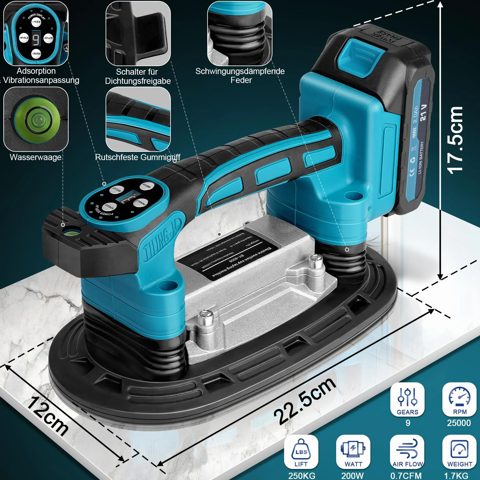 Strumento di vibrazione per piastrelle | con 2x2000mAh Batterie | ventosa da 22,5 x 12 cm | 250KG di Forza di Aspirazione | 9 velocità regolabili | Strumento oscillante per piastrelle