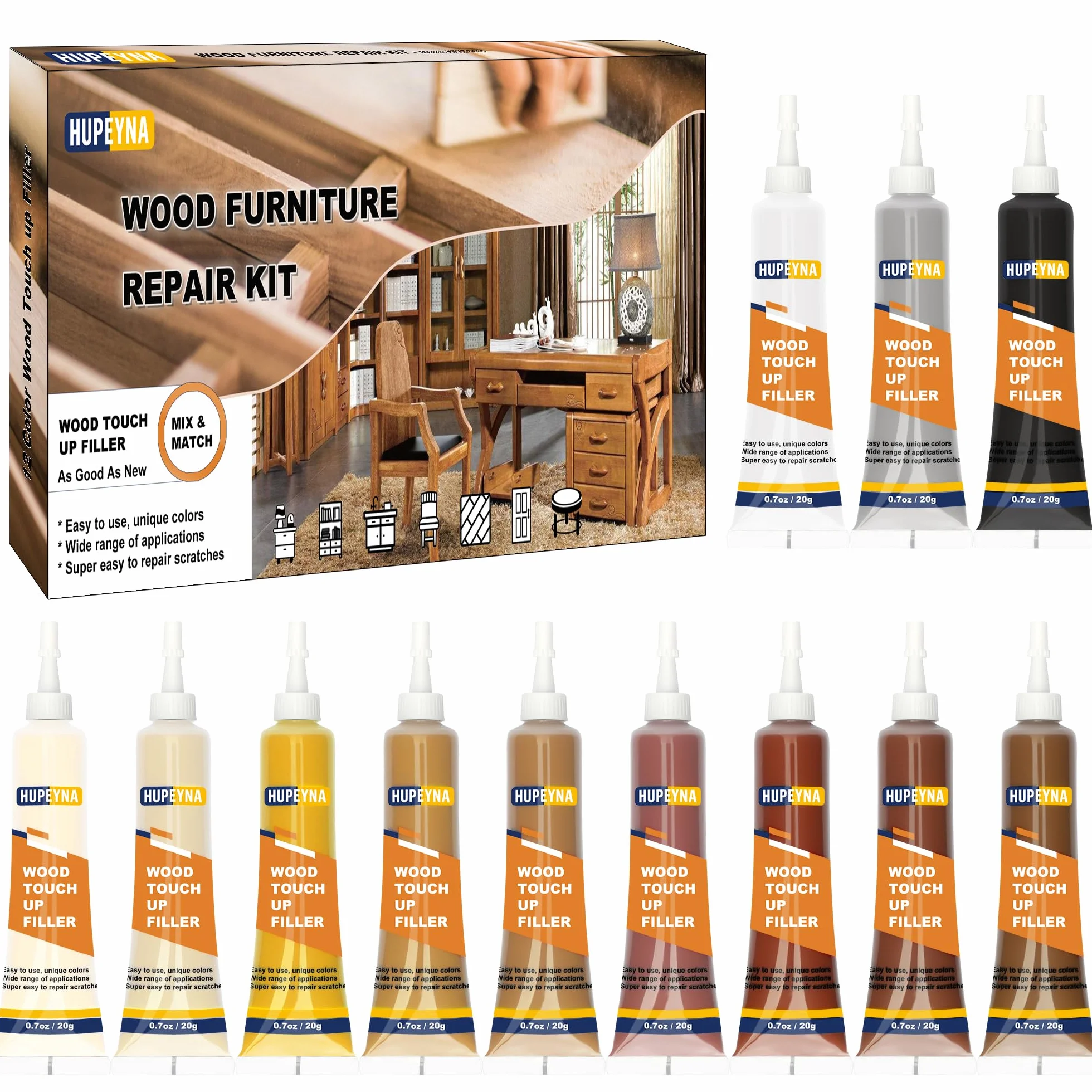 Kit di Riparazione di Mobili, 12 Colori Kit di Riparazione per Legno, Kit di Riparazione di Pavimenti in Legno, Stucchi per Legno per Ritocchi Riparazione di Graffi, Crepe, Scolorimento Superfici