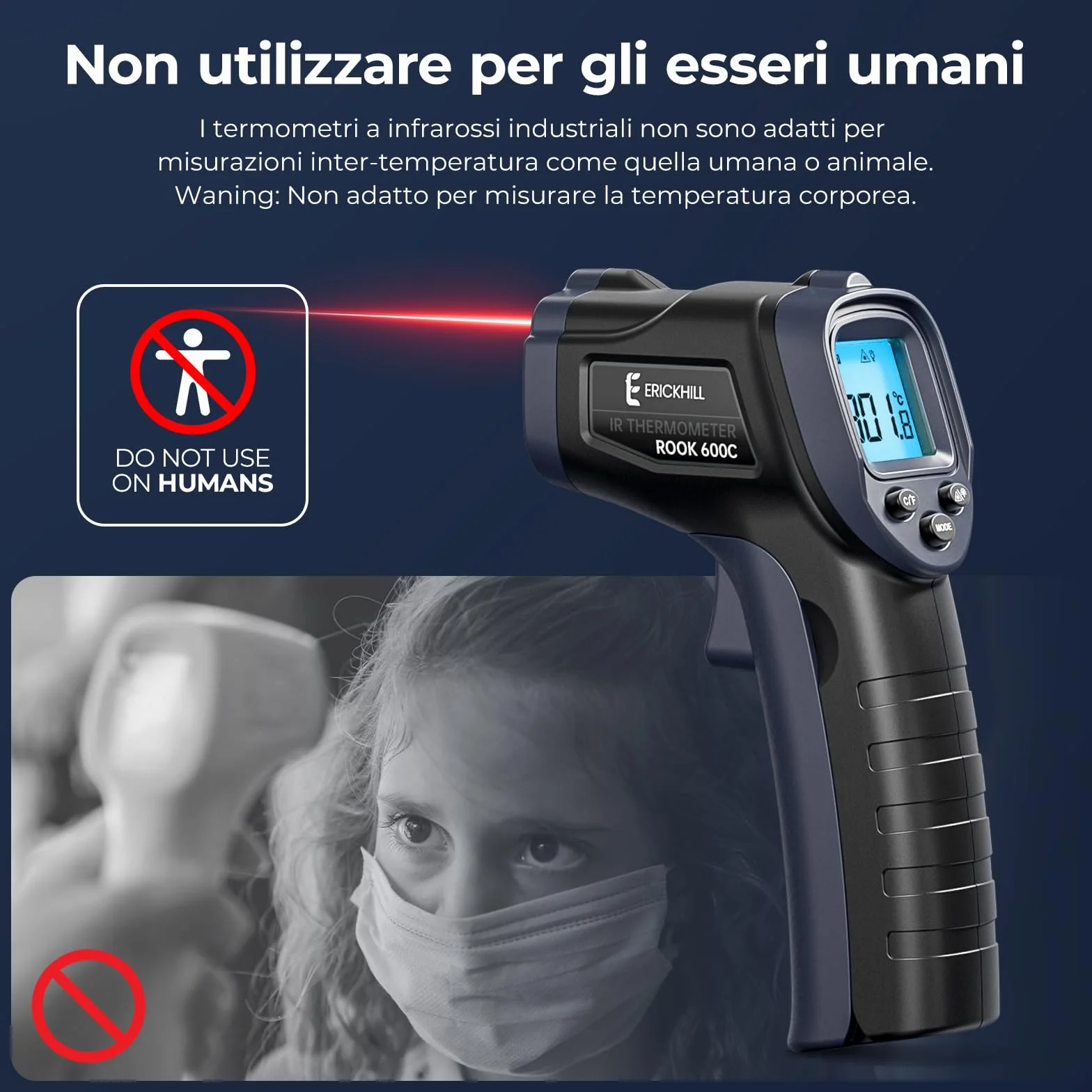 ERICKHILL 600C Termometro a infrarossi -50°C a 600°C Emissività regolabile Laser Senza Contatto LCD retroilluminato