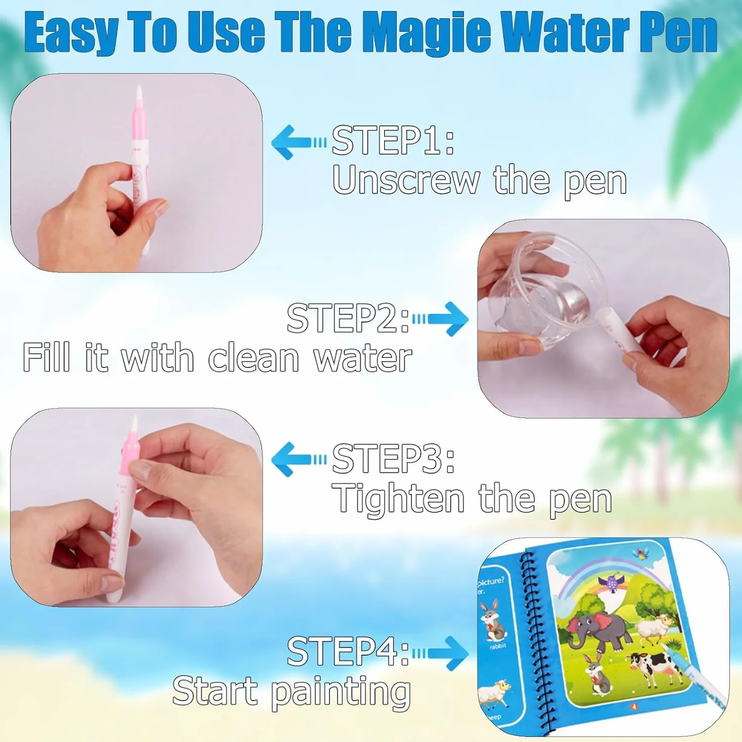 4 Pezzi Libro Magico ad con Acqua da Colorare, Magic Water Drawing Book, Libro di Pittura ad Acqua per Bambini, Water Book da Disegno, Per Bambini Dai 3 Anni