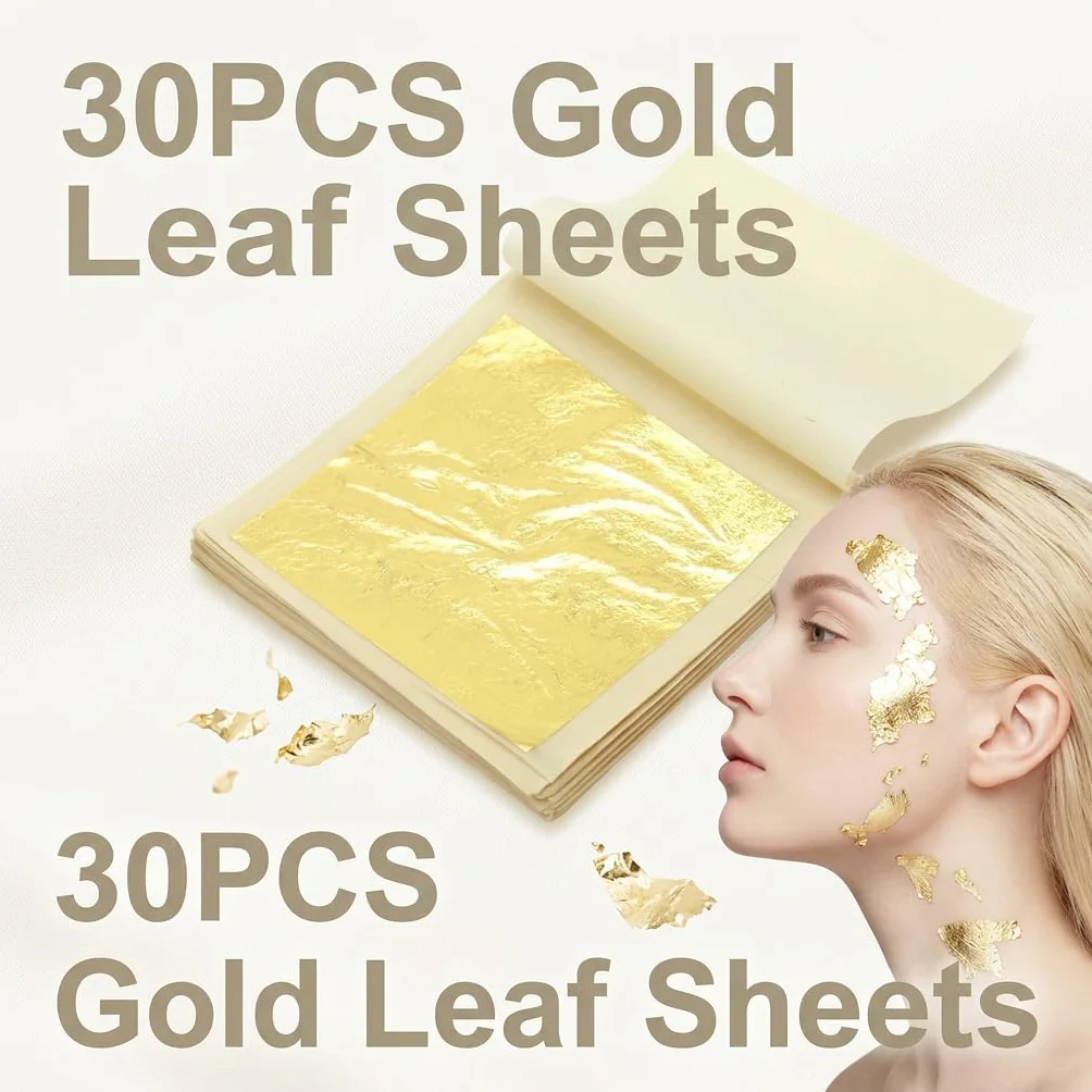Foglia d'oro commestibile 24 carati, decorazione per torte, foglie d'oro commestibili, per fai da te, cioccolato, maschere facciali, nail art, torte, finte carta d'oro, set da 30 fogli