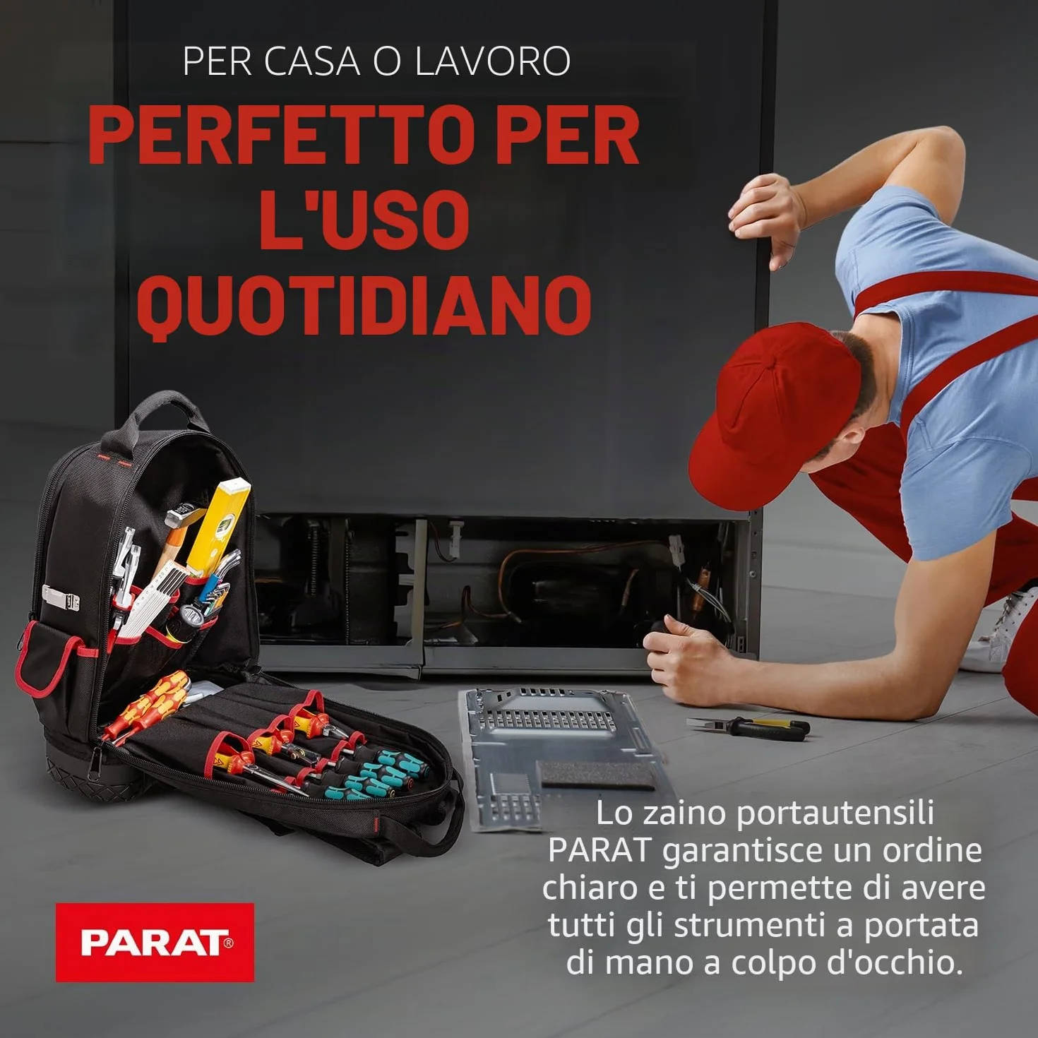 PARAT Basic, zaino per attrezzi da 23 l, per elettricisti, zaino in nylon resistente, con 15 scomparti e 6 passanti in gomma, zaino per elettricisti con fondo rinforzato