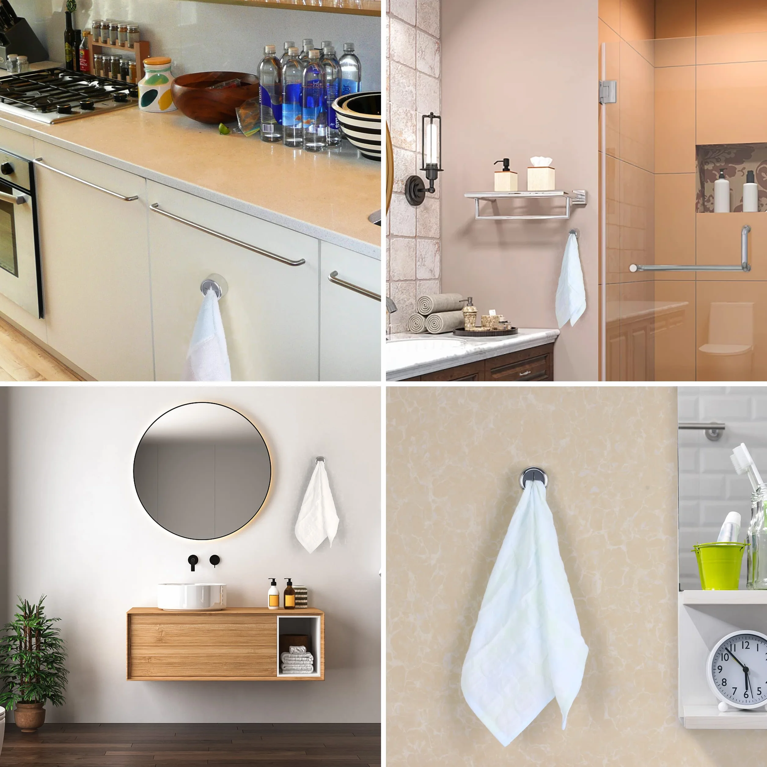 Porta Asciugamani da Cucina Set di 4, Ganci Adesivi o Viti, Multiuso per Bagno