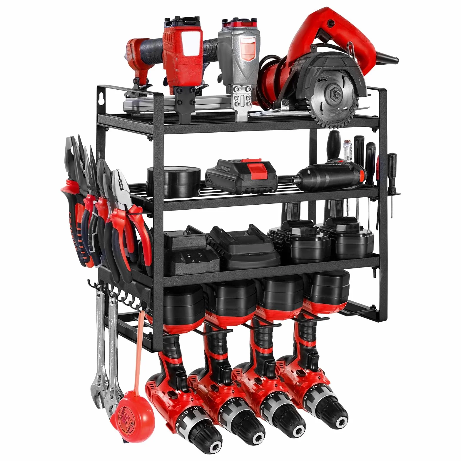 VEVOR Scaffale per Utensili Elettrici da Parete, Portautensili da Parete per Trapani a 4 Livelli con 4 Supporti per Trapano, Portaoggetti con Supporto per Cacciavite, per Utensili da Garage Officina