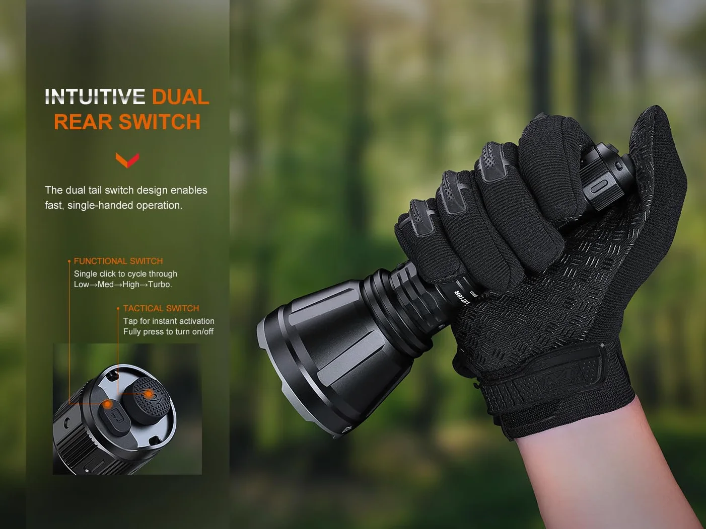 Fenix HT18R Torcia LED da caccia con max. 2.800 lumen + filtro rosso + filtro verde + strobo + SOS con batteria da 5.000 mAh e cavo di ricarica USB-C – adatto per interruttore per cavi