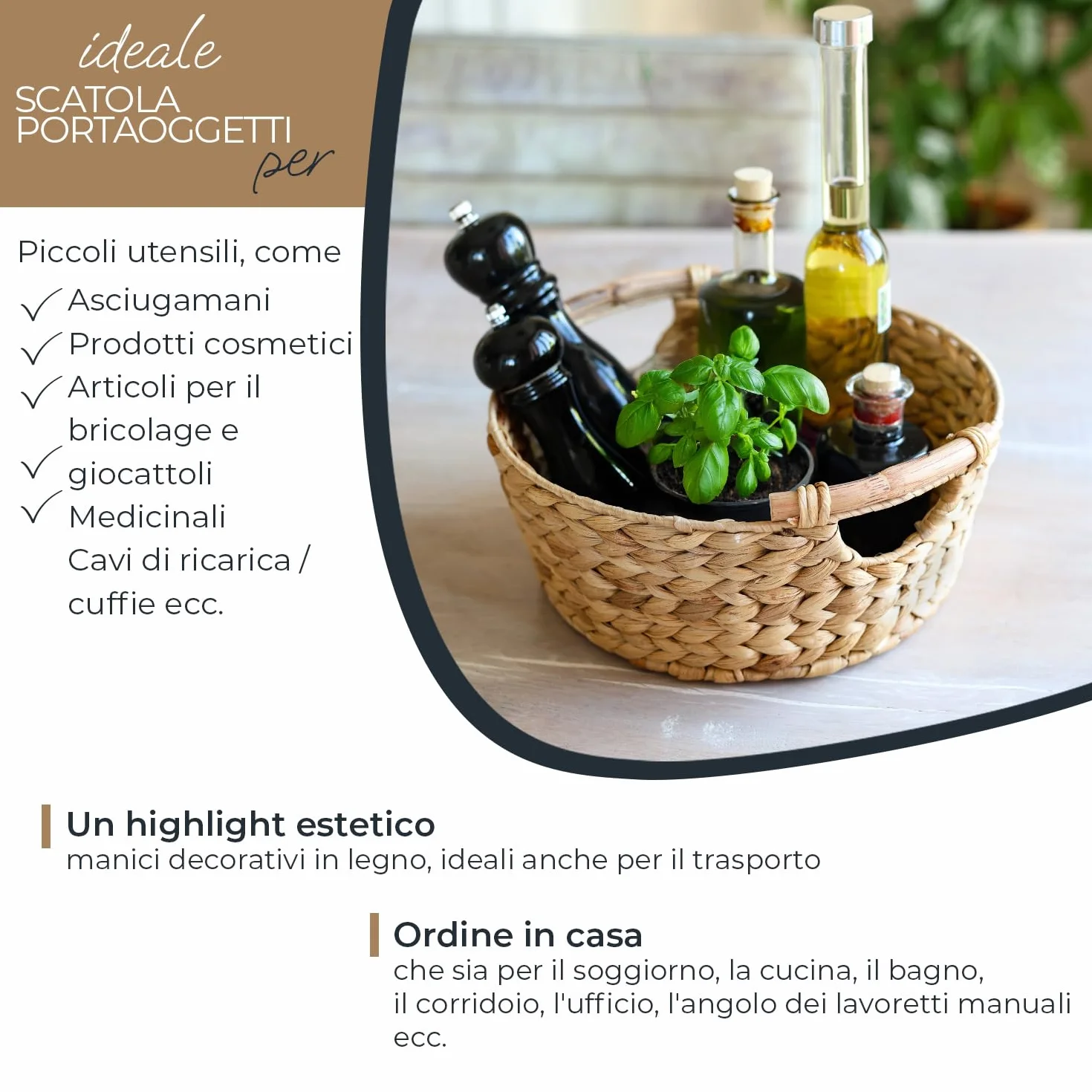 HMF Cesto portaoggetti rotondo, cesto regalo intrecciato in giacinto d'acqua con manici in legno | 30 x 12 cm